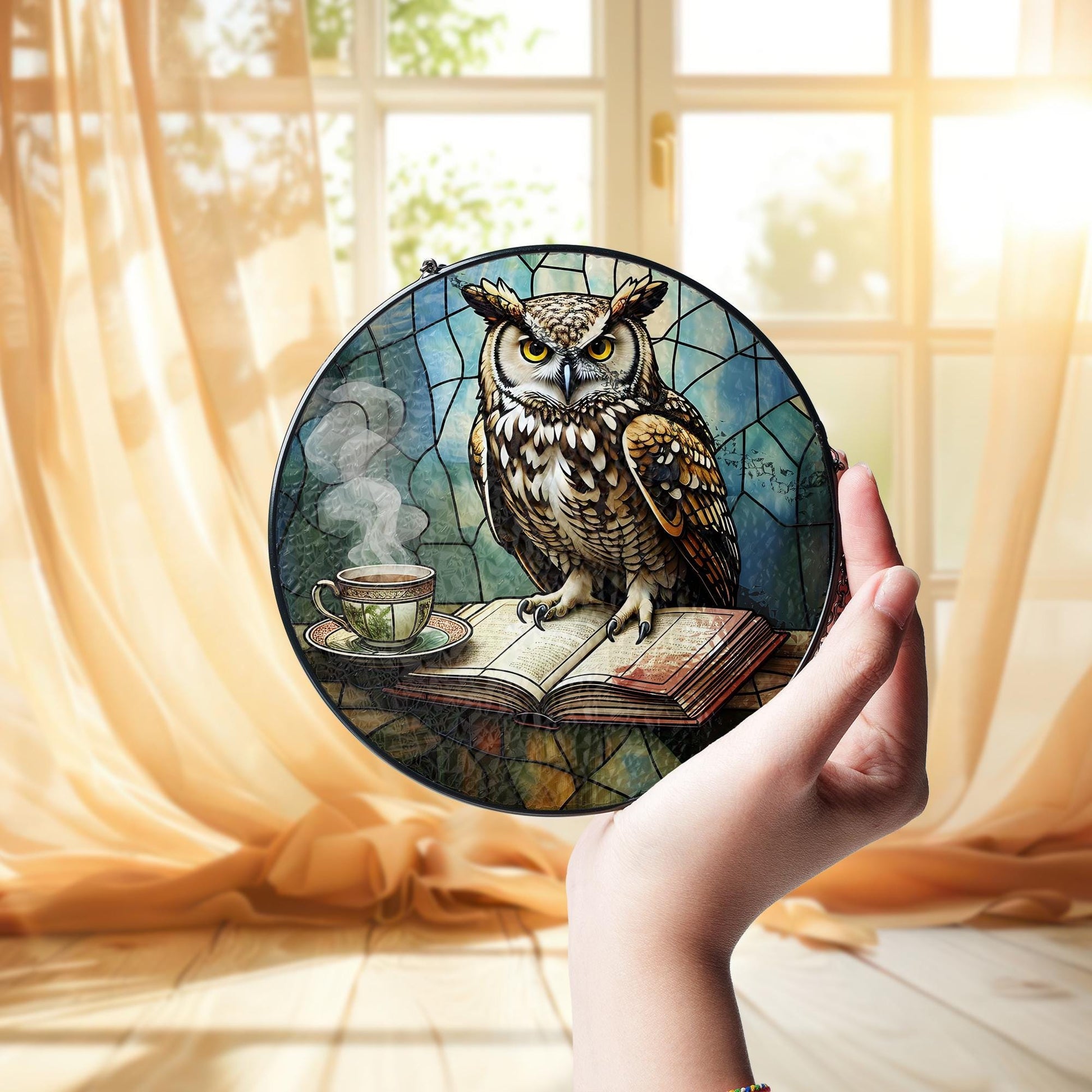 Owl Glass Suncatcher – Book & Tea Scene Decor for Autumn, Witchy Library Vibes, Cozy Gift Idea