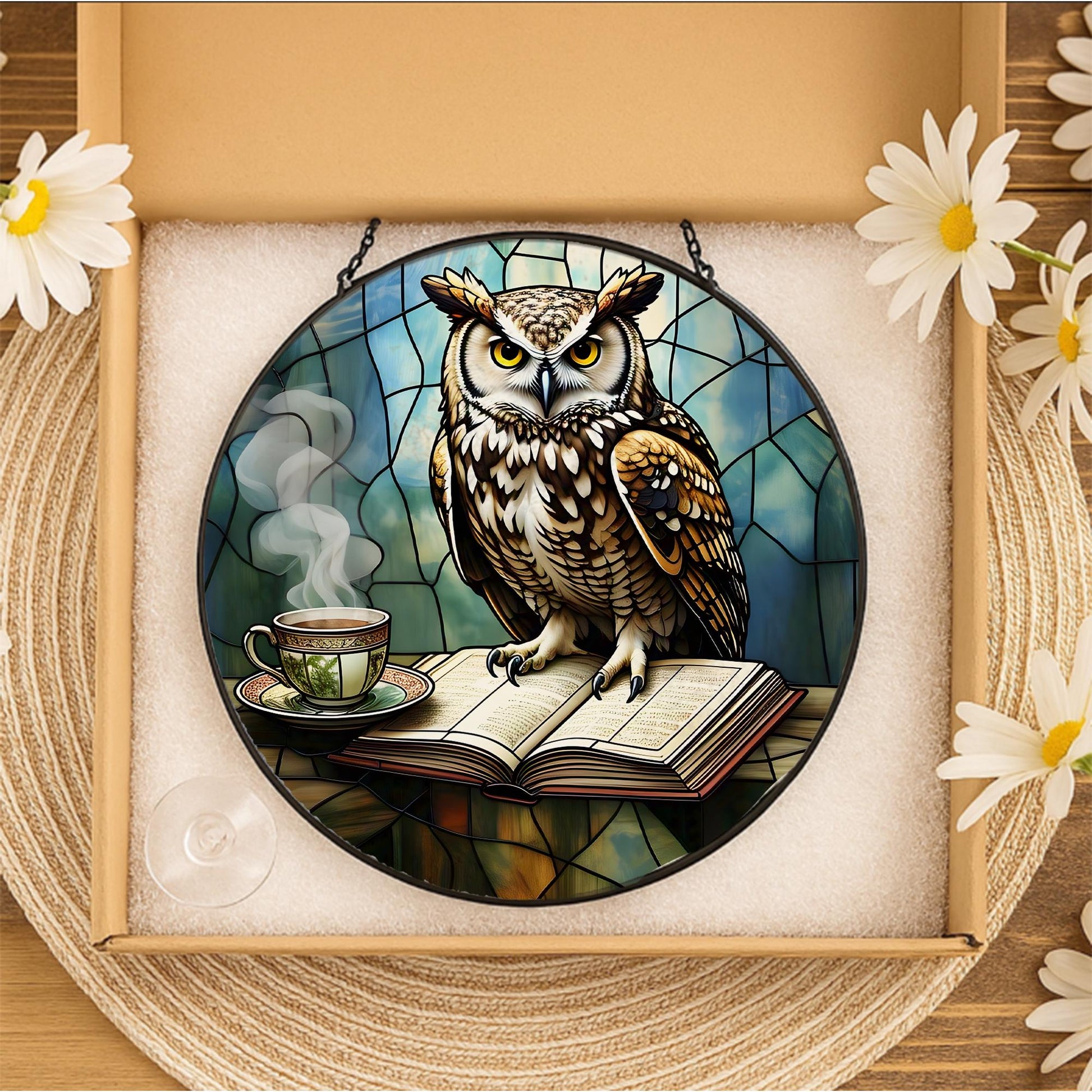 Owl Glass Suncatcher – Book & Tea Scene Decor for Autumn, Witchy Library Vibes, Cozy Gift Idea