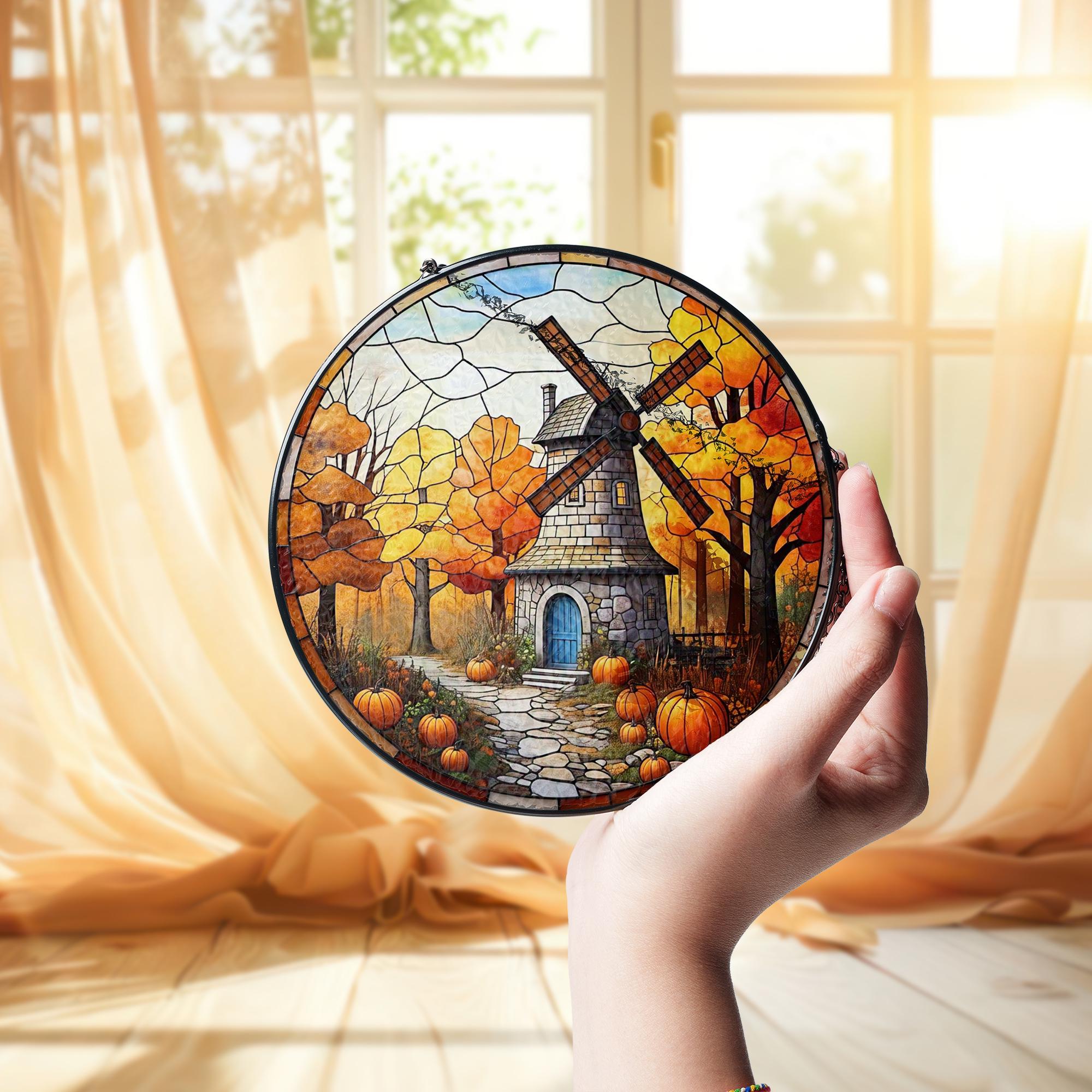 Autumn Windmill Glass Suncatcher – Rustic Fall Window Hanging with Pumpkins and Trees, Country Farmhouse Decor