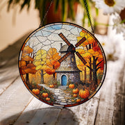 Autumn Windmill Glass Suncatcher – Rustic Fall Window Hanging with Pumpkins and Trees, Country Farmhouse Decor