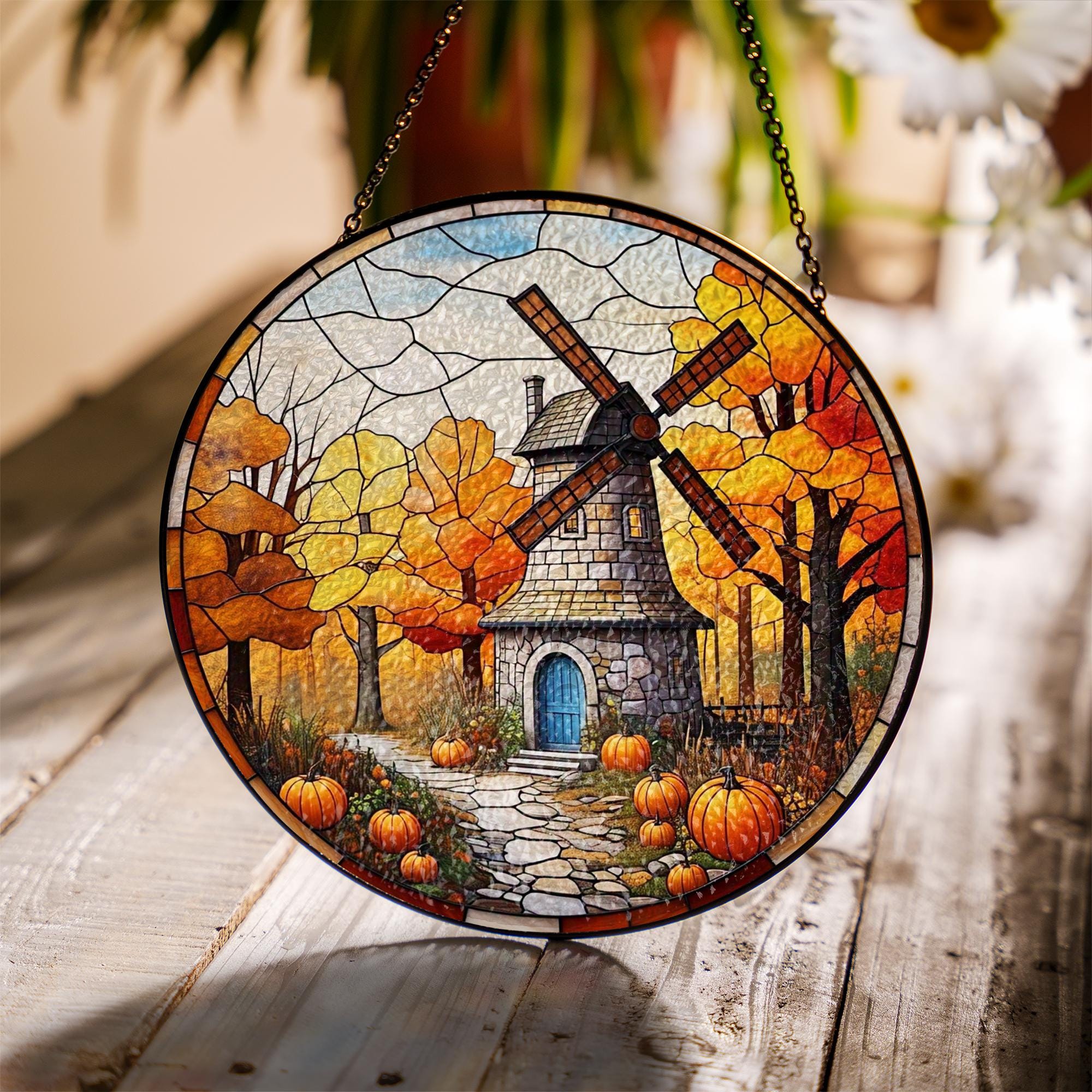 Autumn Windmill Glass Suncatcher – Rustic Fall Window Hanging with Pumpkins and Trees, Country Farmhouse Decor