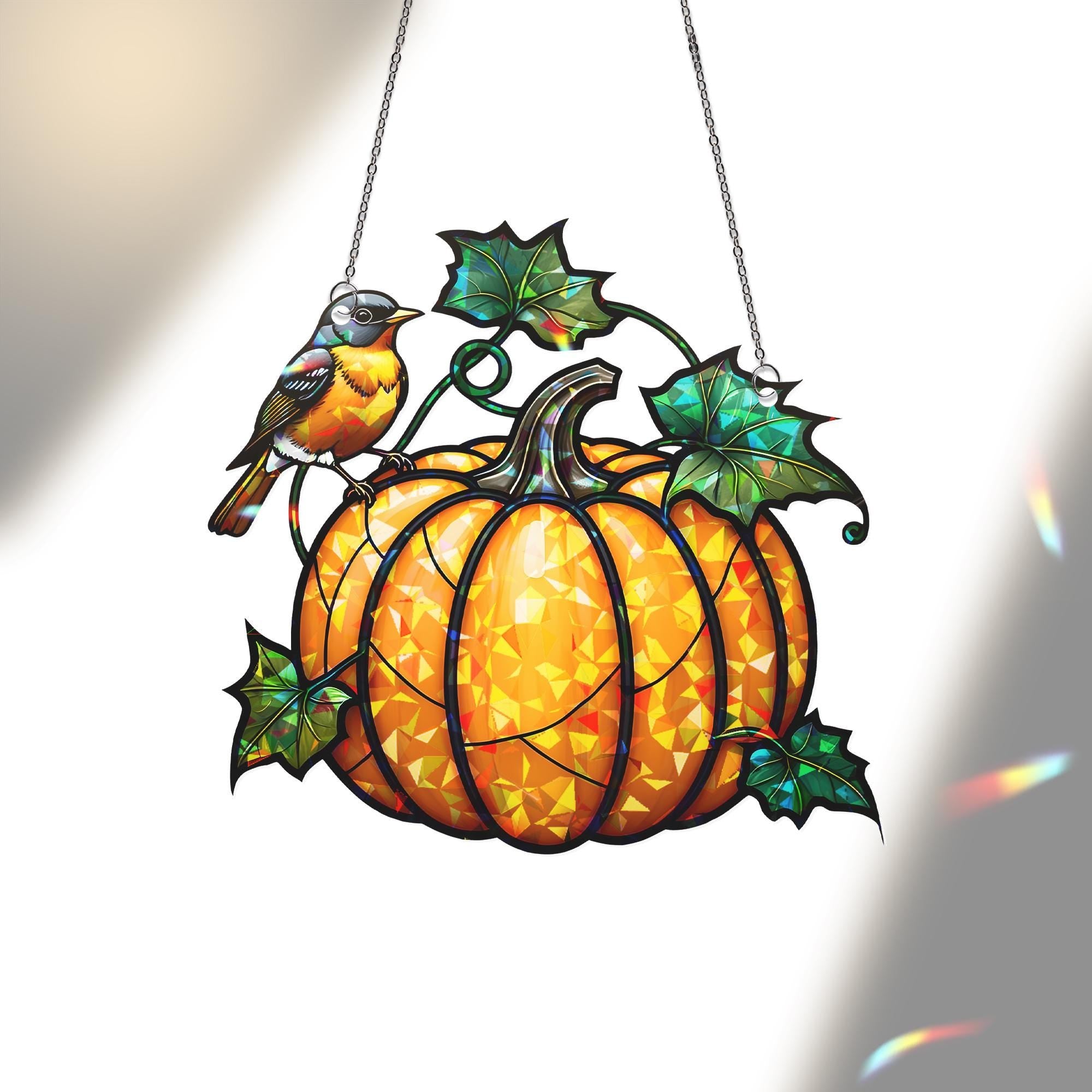 Pumpkin Bird Acrylic Window Hanging | Fall Decor for Windows | Autumn Harvest Suncatcher | Seasonal Hanging Decoration Gift Idea
