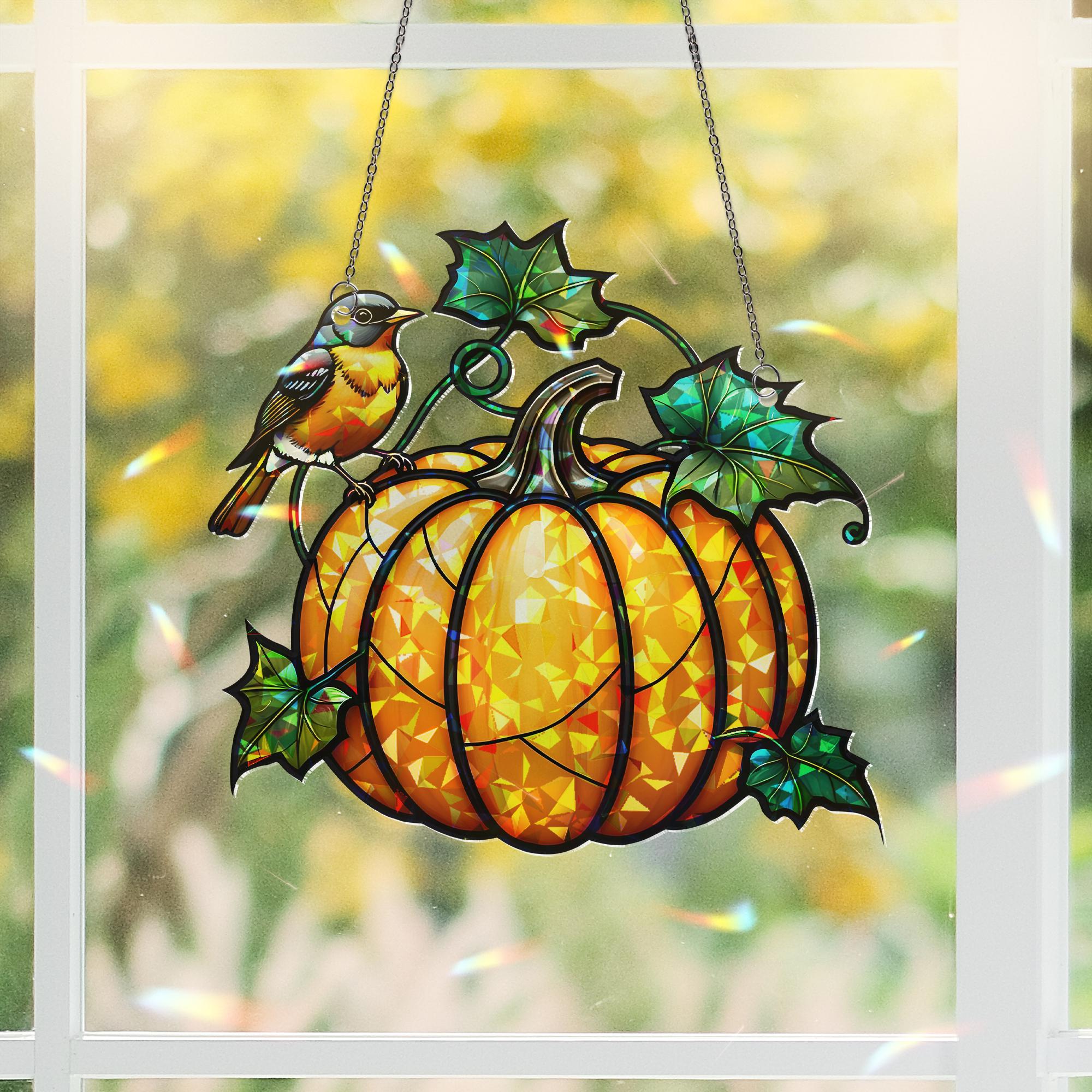 Pumpkin Bird Acrylic Window Hanging | Fall Decor for Windows | Autumn Harvest Suncatcher | Seasonal Hanging Decoration Gift Idea