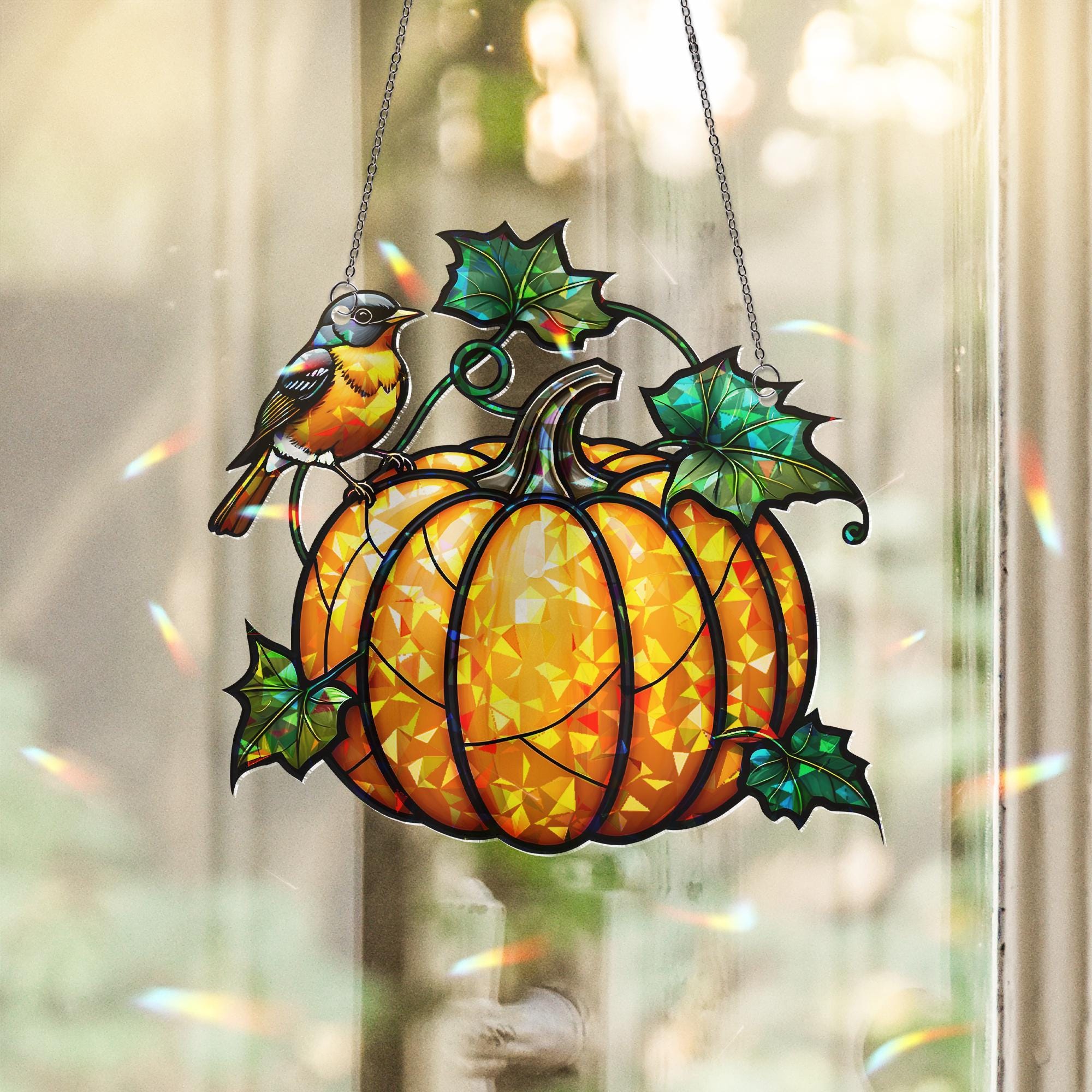 Pumpkin Bird Acrylic Window Hanging | Fall Decor for Windows | Autumn Harvest Suncatcher | Seasonal Hanging Decoration Gift Idea