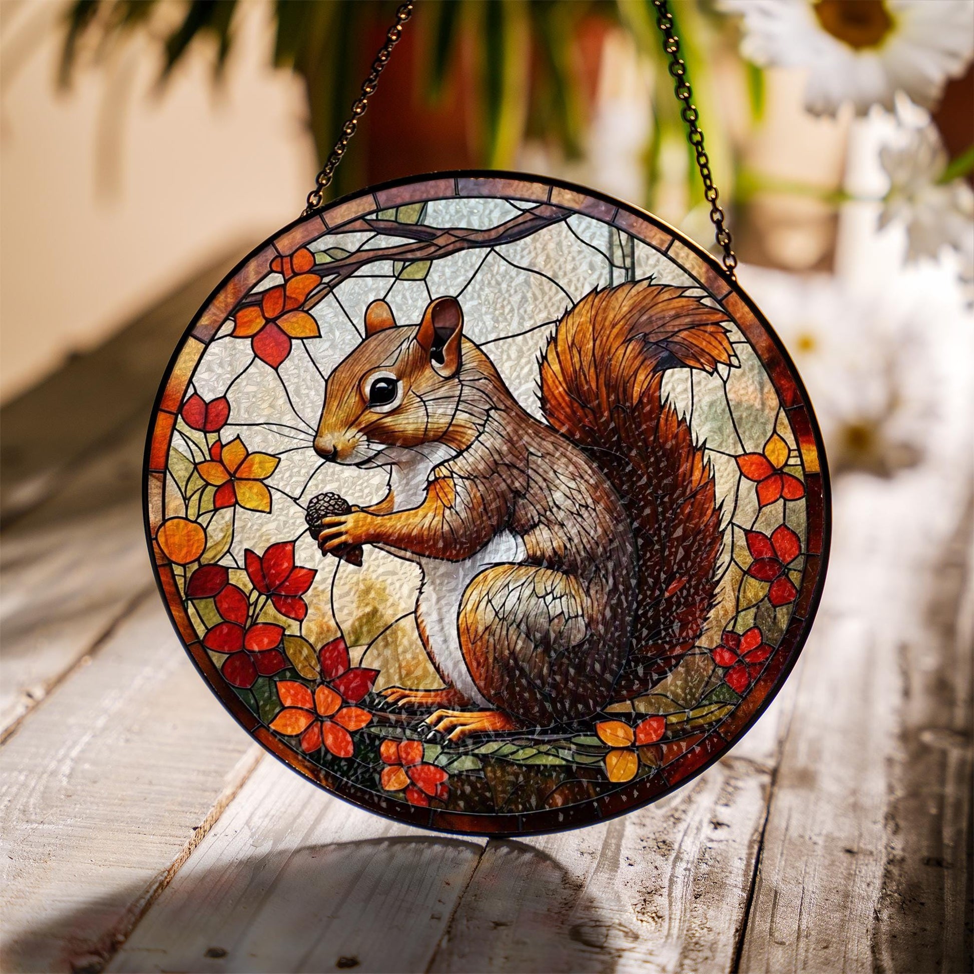 Squirrel Glass Suncatcher – Autumn Leaves Window Hanging with Acorn, Woodland Animal Fall Home Decor