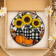 Sunflower & Pumpkin Stained Glass Suncatcher – Fall Buffalo Plaid Jar Window Hanging, Farmhouse Autumn Decor Gift