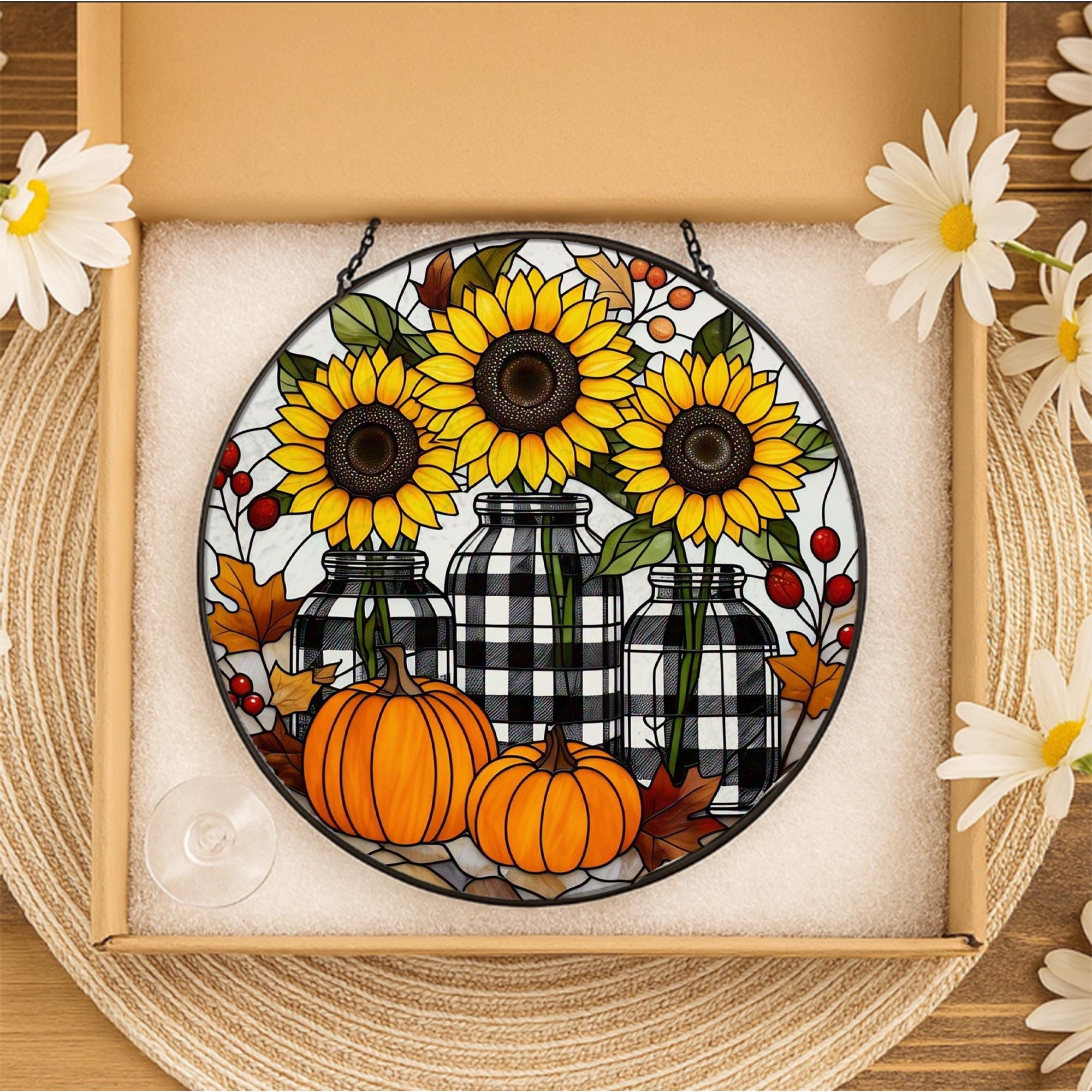 Sunflower & Pumpkin Stained Glass Suncatcher – Fall Buffalo Plaid Jar Window Hanging, Farmhouse Autumn Decor Gift