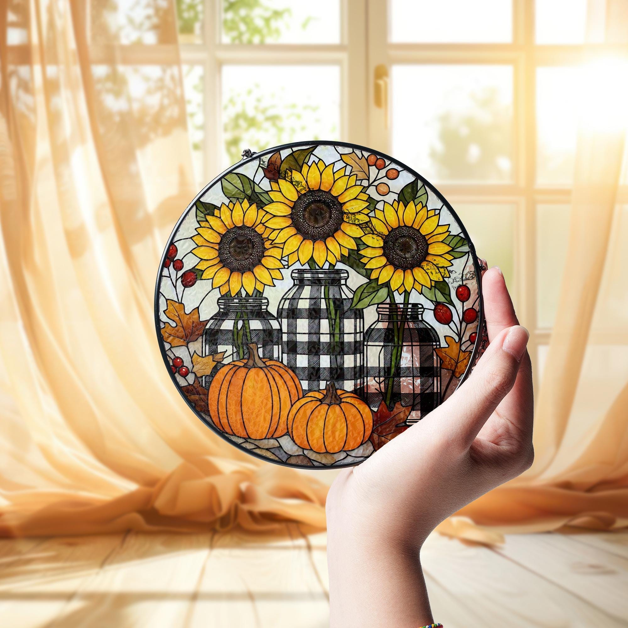 Sunflower & Pumpkin Stained Glass Suncatcher – Fall Buffalo Plaid Jar Window Hanging, Farmhouse Autumn Decor Gift