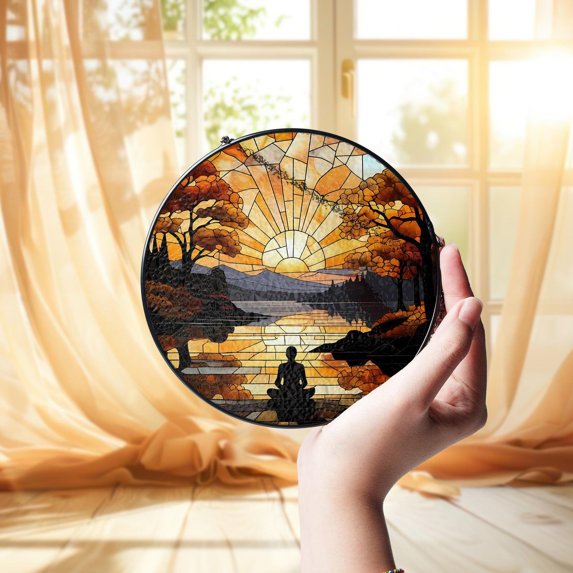 Sunrise Meditation Glass Suncatcher – Autumn Lake Scene Window Hanging, Zen Nature Decor for Mindful Spaces