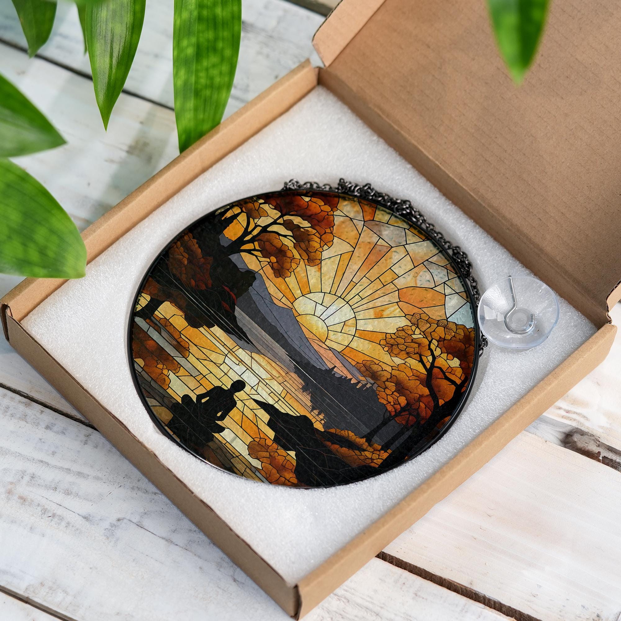 Sunrise Meditation Glass Suncatcher – Autumn Lake Scene Window Hanging, Zen Nature Decor for Mindful Spaces
