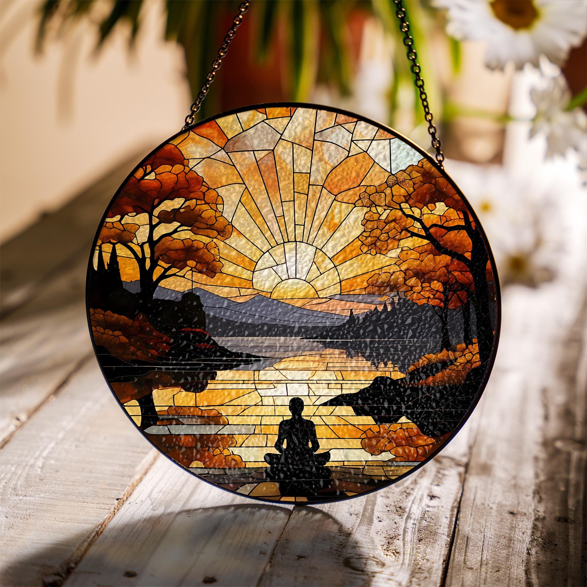Sunrise Meditation Glass Suncatcher – Autumn Lake Scene Window Hanging, Zen Nature Decor for Mindful Spaces