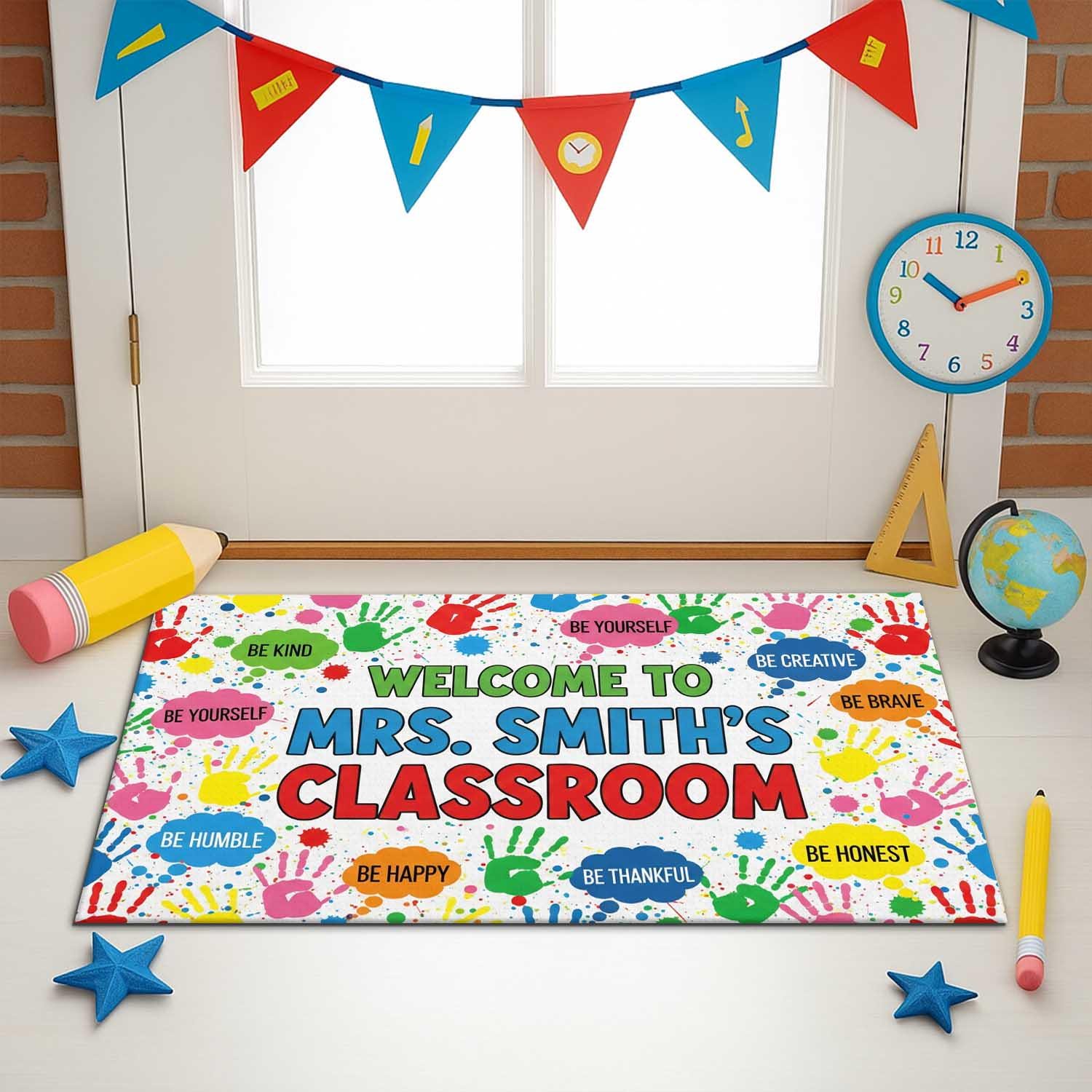 Custom Welcome Classroom Doormat, Personalized Teacher Rug, Back to School Floor Mat, Handprint School Decor, Custom Classroom Mat