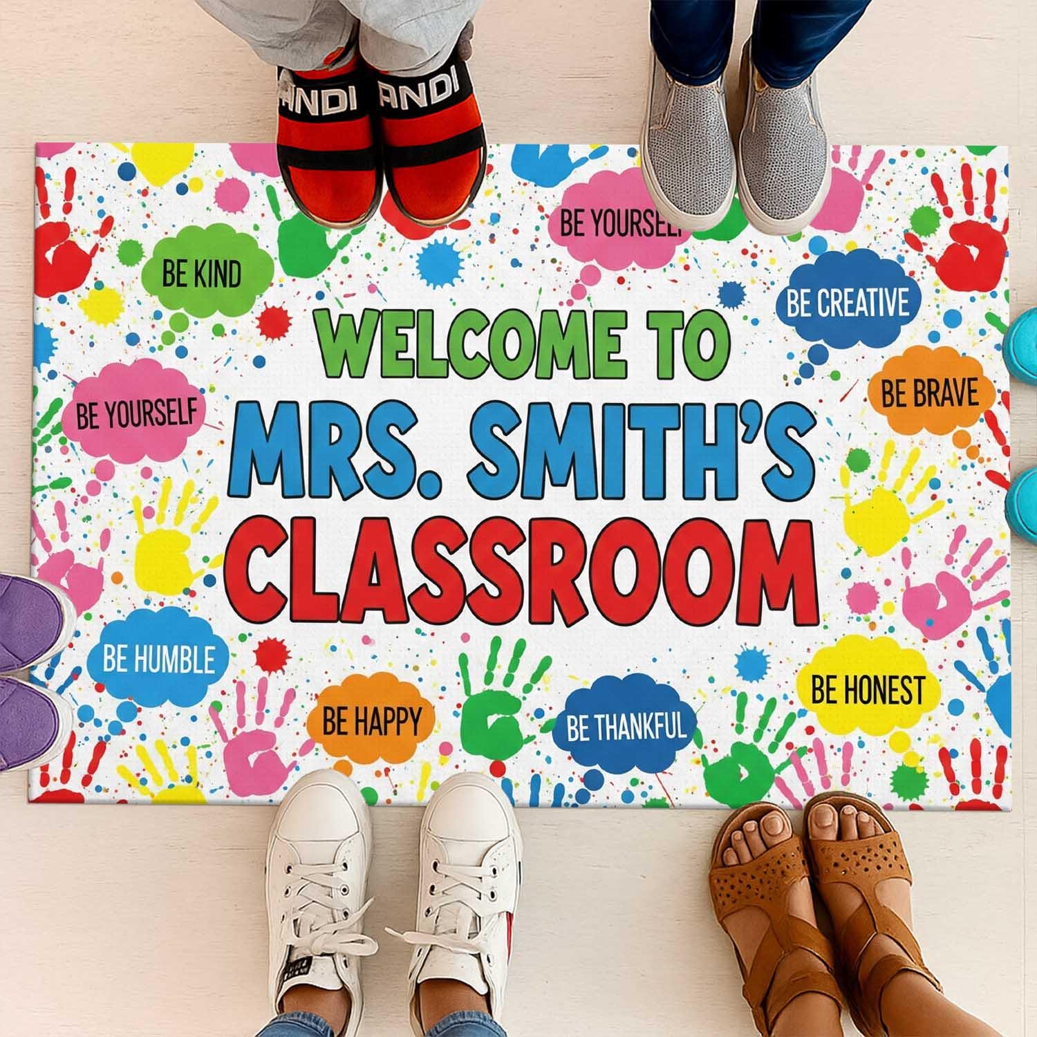 Custom Welcome Classroom Doormat, Personalized Teacher Rug, Back to School Floor Mat, Handprint School Decor, Custom Classroom Mat