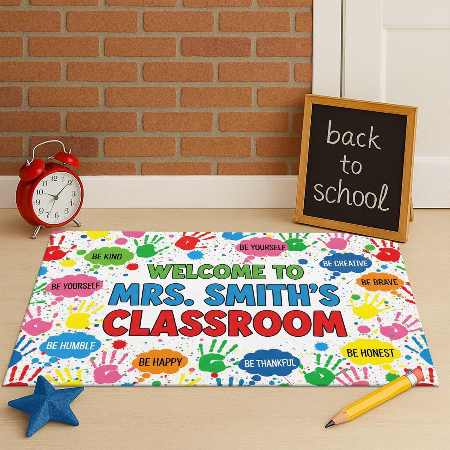 Custom Welcome Classroom Doormat, Personalized Teacher Rug, Back to School Floor Mat, Handprint School Decor, Custom Classroom Mat