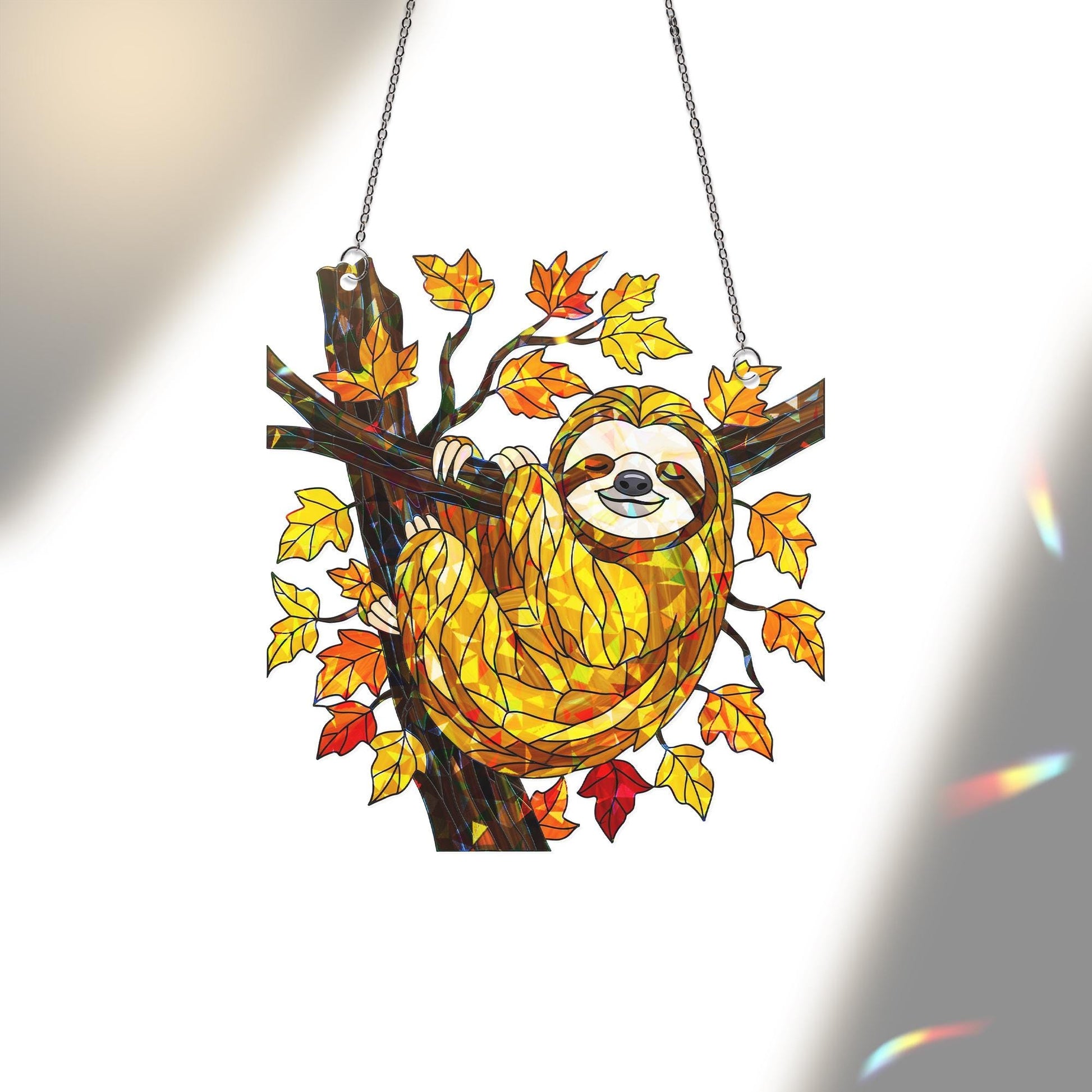 Sloth Holographic Acrylic Window Hanging – Fall Leaves Cute Animal Decor, Lazy Day Sun Catcher Gift for Sloth Lovers