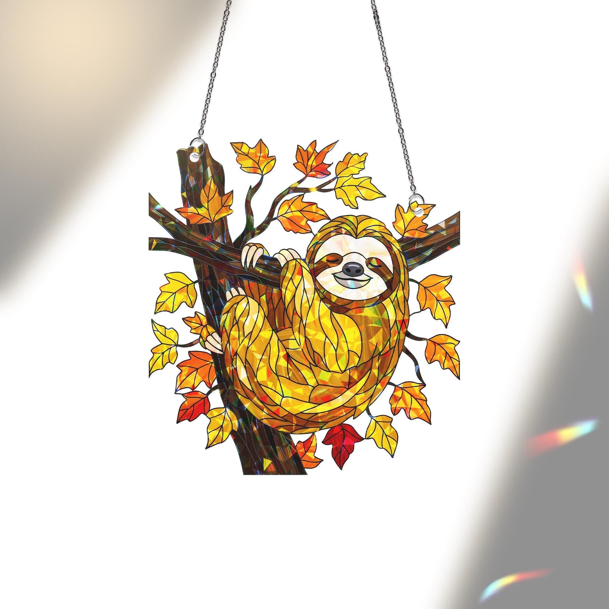 Sloth Holographic Acrylic Window Hanging – Fall Leaves Cute Animal Decor, Lazy Day Sun Catcher Gift for Sloth Lovers