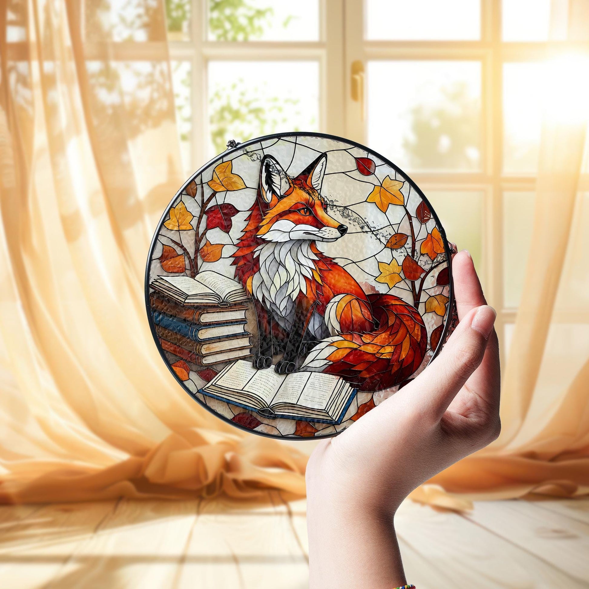 Fox Glass Suncatcher – Autumn Leaves & Book Stack Window Hanging, Cozy Library Woodland Animal Decor