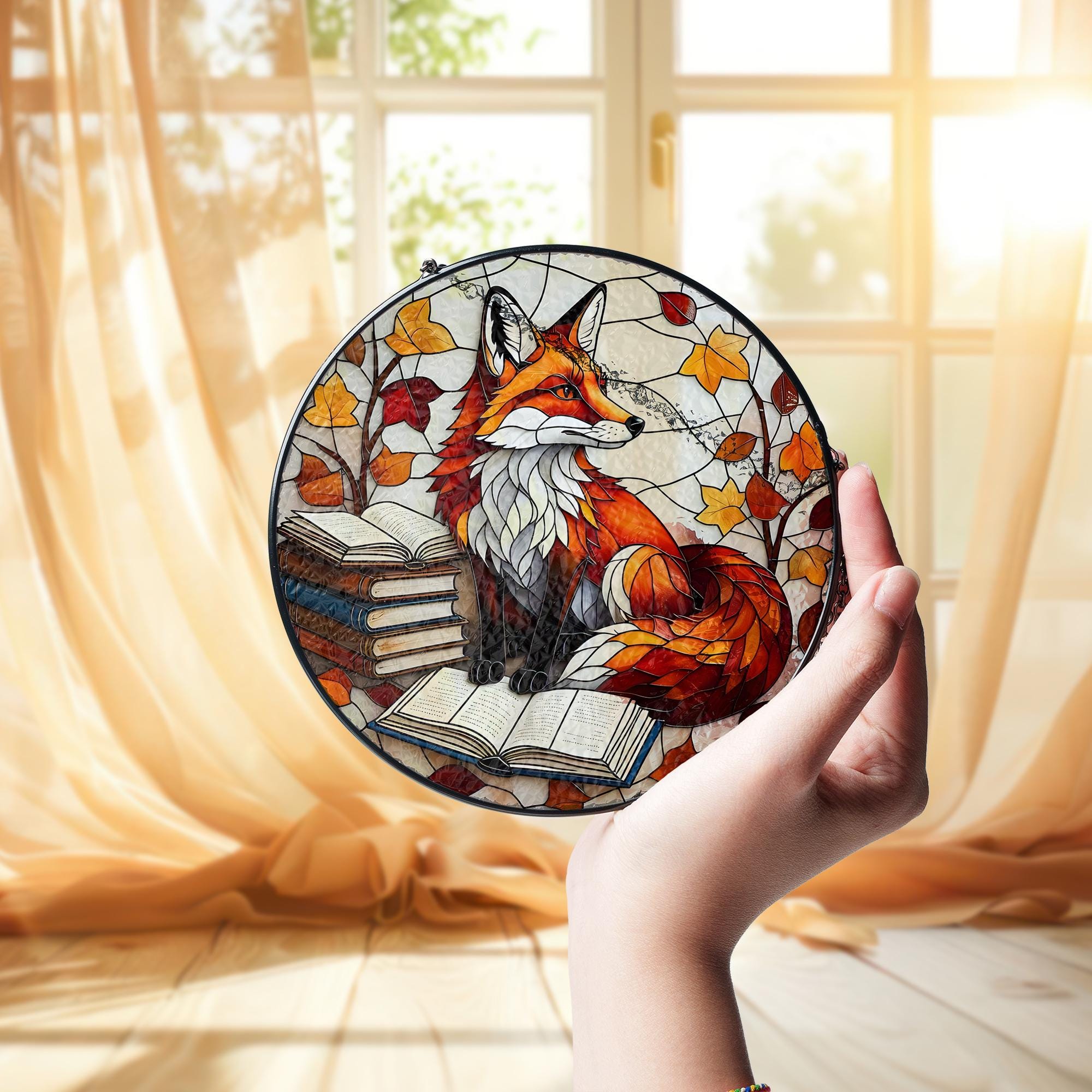 Fox Glass Suncatcher – Autumn Leaves & Book Stack Window Hanging, Cozy Library Woodland Animal Decor