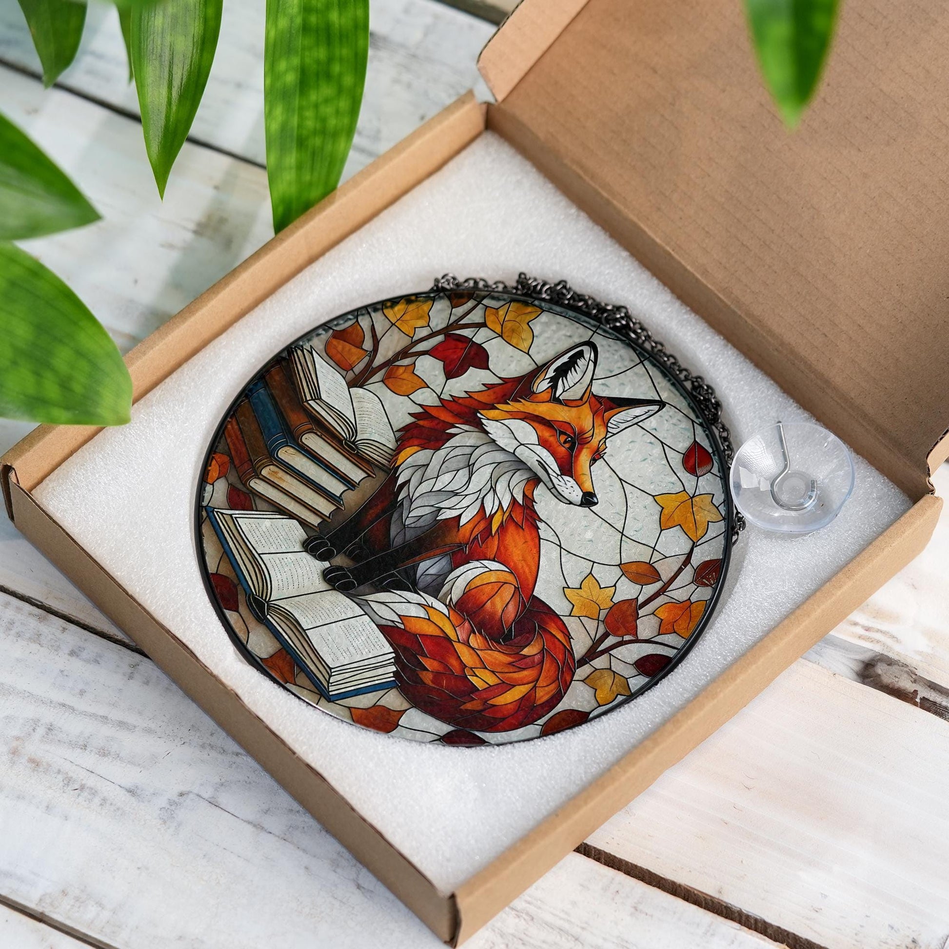 Fox Glass Suncatcher – Autumn Leaves & Book Stack Window Hanging, Cozy Library Woodland Animal Decor