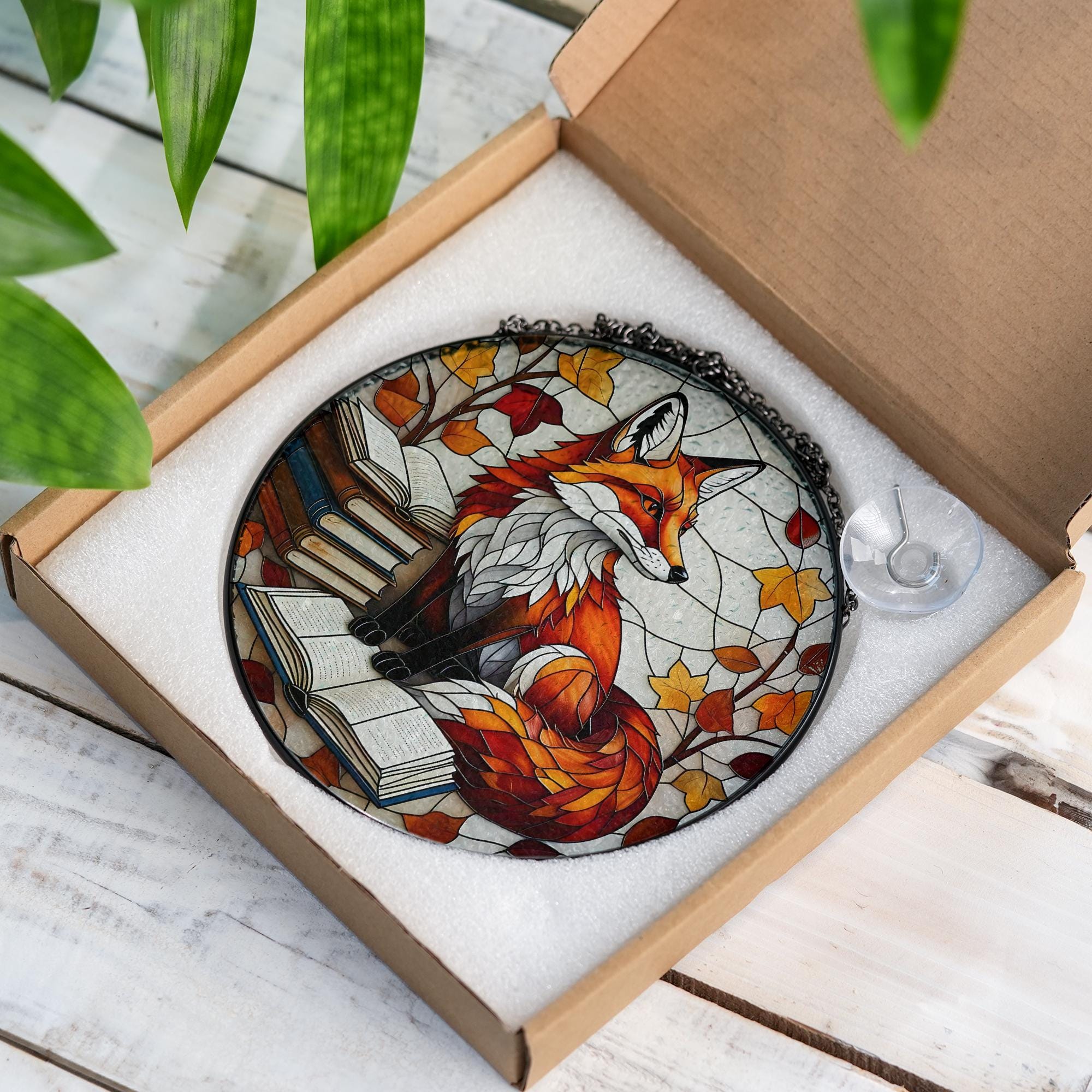 Fox Glass Suncatcher – Autumn Leaves & Book Stack Window Hanging, Cozy Library Woodland Animal Decor