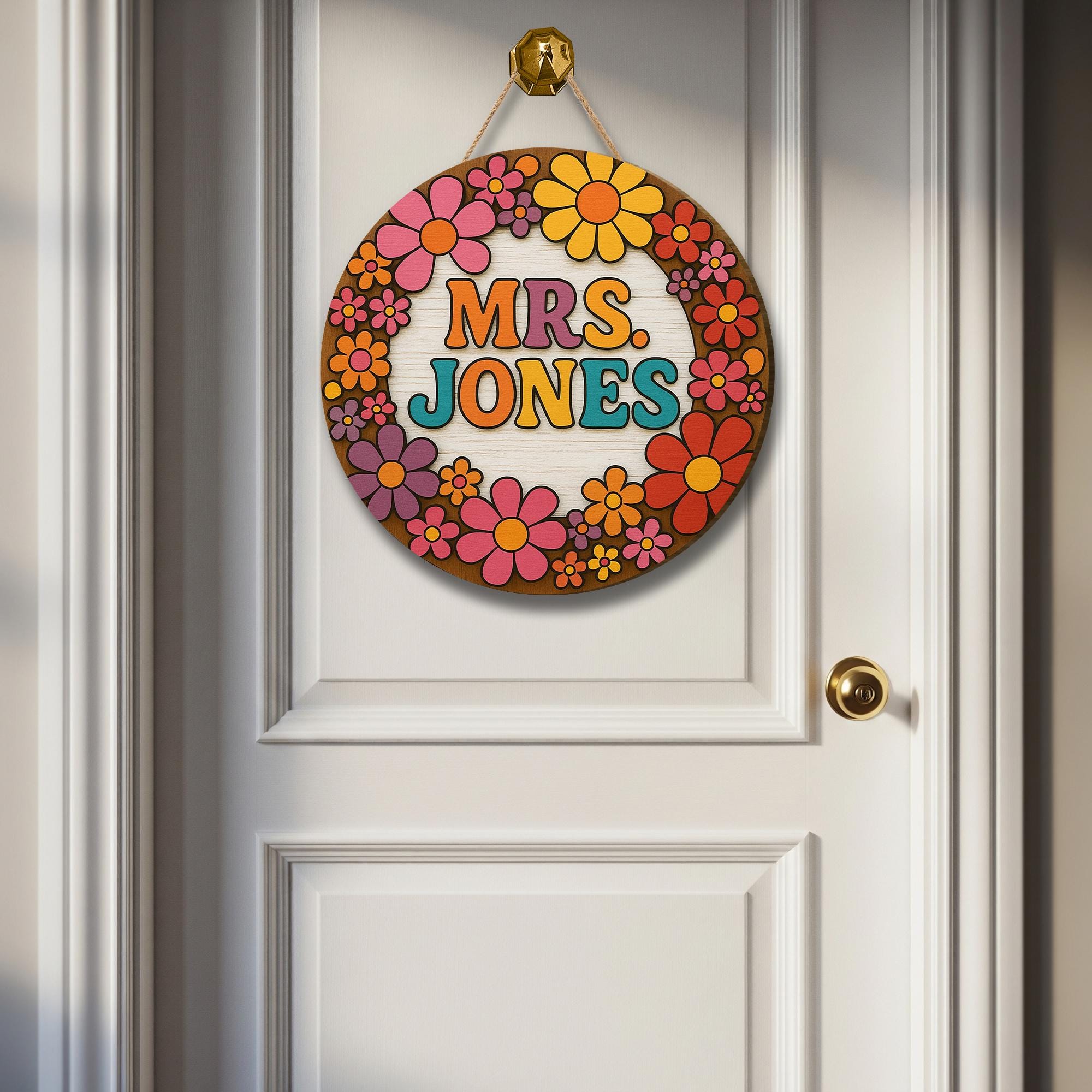 Personalized Teacher Door Sign, Retro Floral Classroom Decor, Custom Name Wood Sign, Back to School Gift for Teachers, Welcome Class Sign