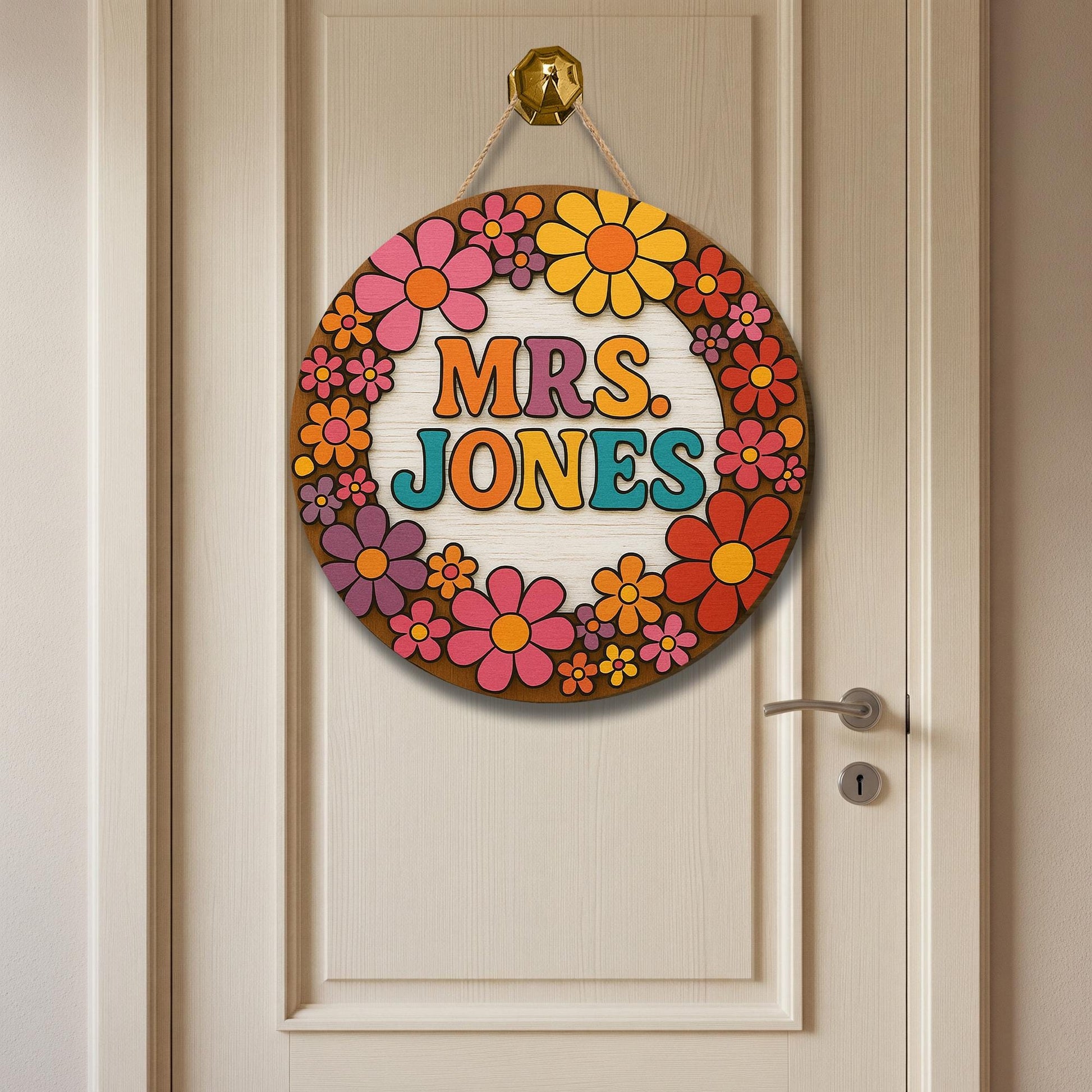 Personalized Teacher Door Sign, Retro Floral Classroom Decor, Custom Name Wood Sign, Back to School Gift for Teachers, Welcome Class Sign