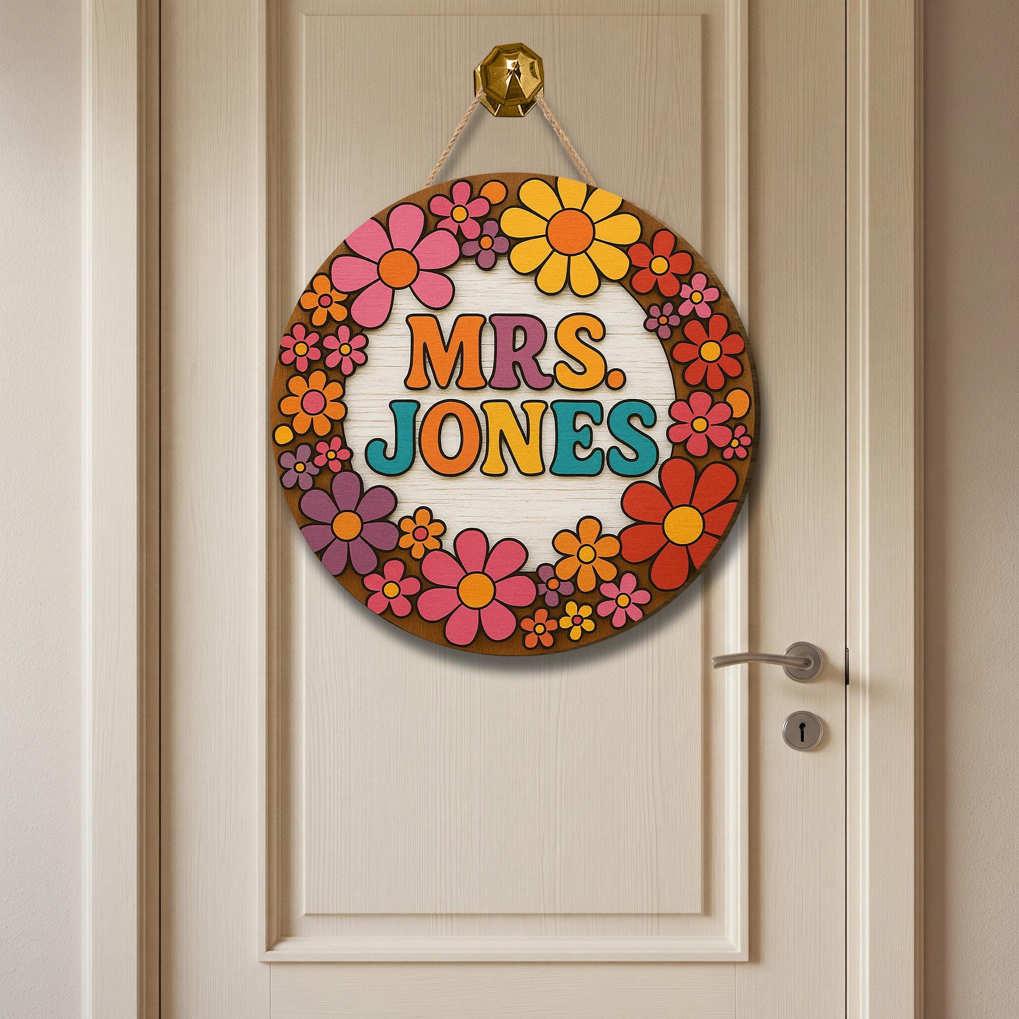 Personalized Teacher Door Sign, Retro Floral Classroom Decor, Custom Name Wood Sign, Back to School Gift for Teachers, Welcome Class Sign