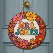 Personalized Teacher Door Sign, Retro Floral Classroom Decor, Custom Name Wood Sign, Back to School Gift for Teachers, Welcome Class Sign