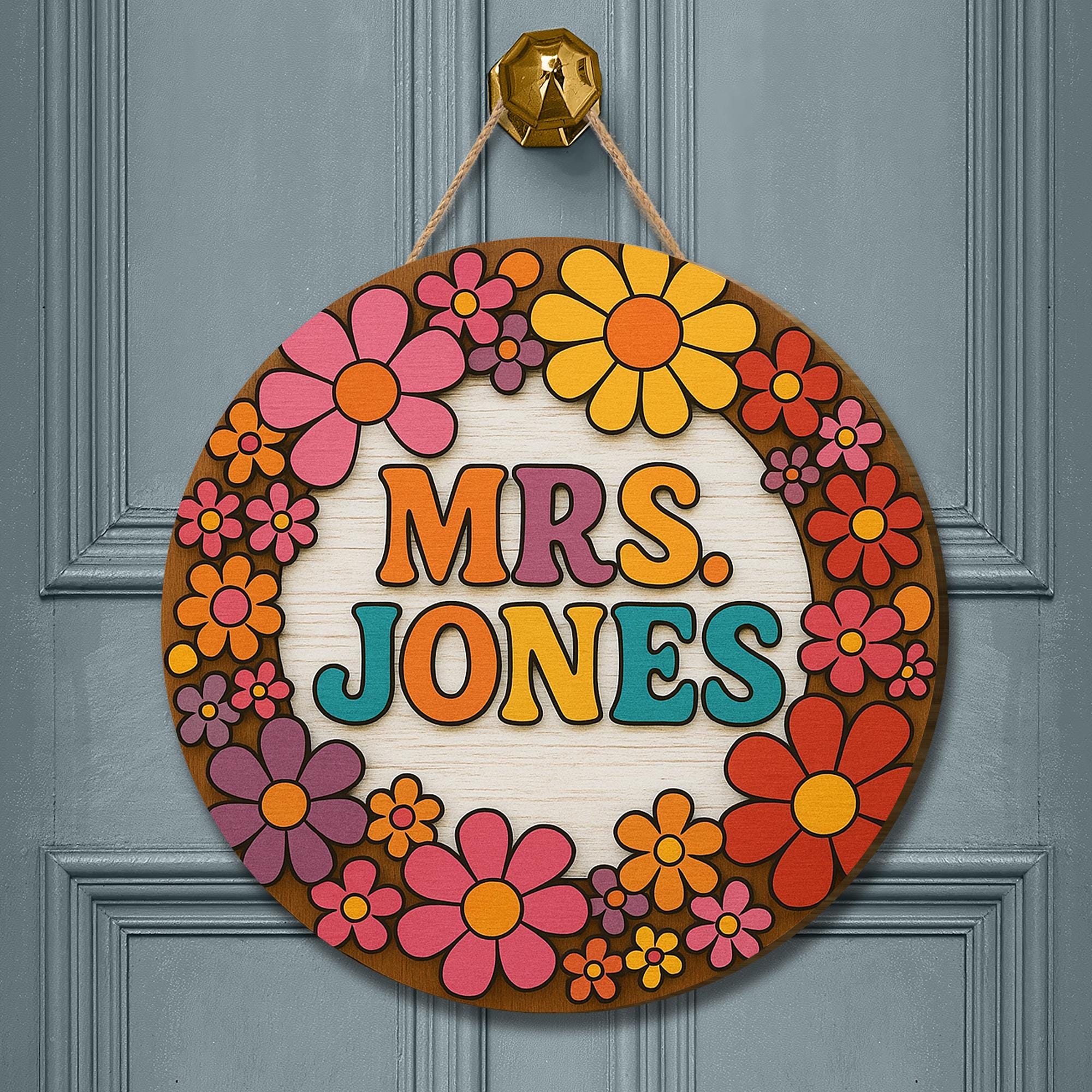 Personalized Teacher Door Sign, Retro Floral Classroom Decor, Custom Name Wood Sign, Back to School Gift for Teachers, Welcome Class Sign