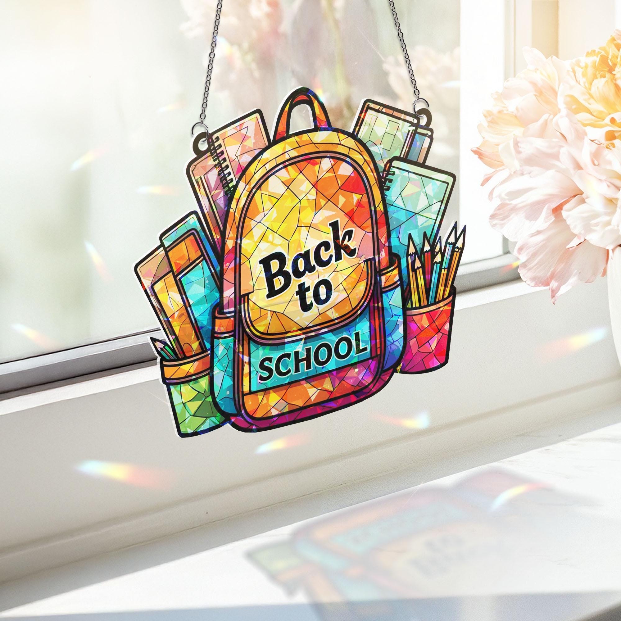 Back to School Backpack Window Hanging, Classroom Decor, Teacher Sun Catcher, Colorful School Window Art