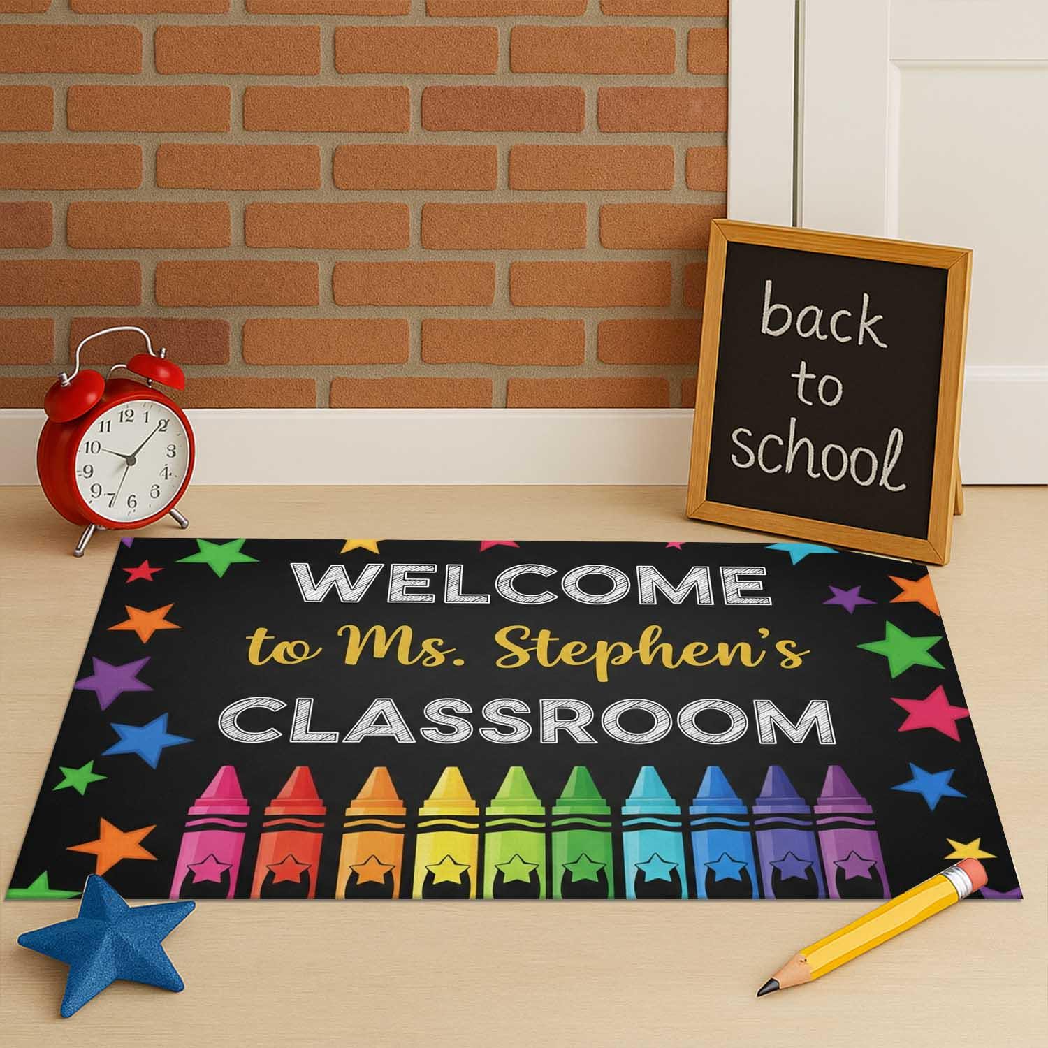 Welcome Classroom Doormat, Crayon Theme Teacher Rug, Personalized Back to School Mat, Rainbow Stars School Decor