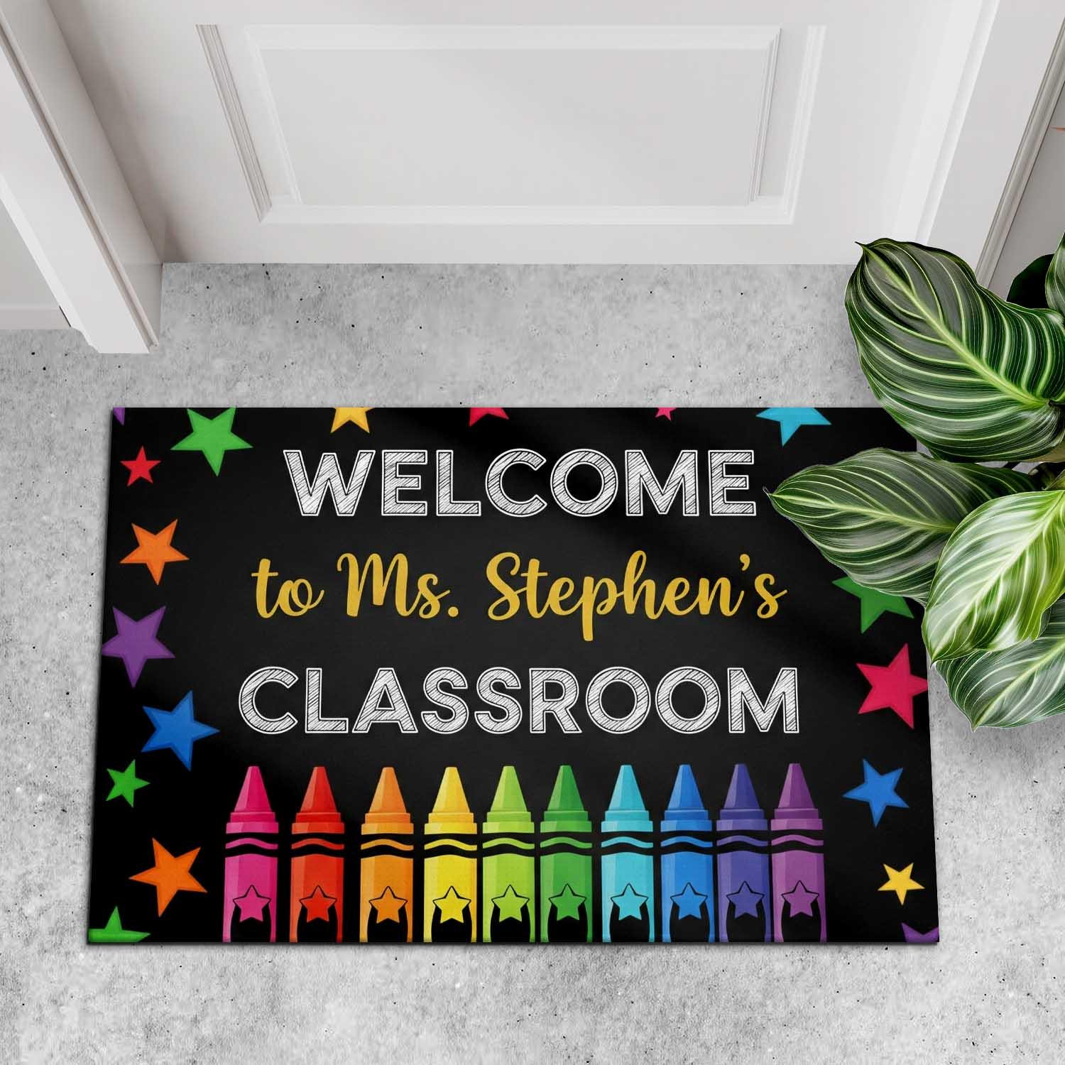 Welcome Classroom Doormat, Crayon Theme Teacher Rug, Personalized Back to School Mat, Rainbow Stars School Decor