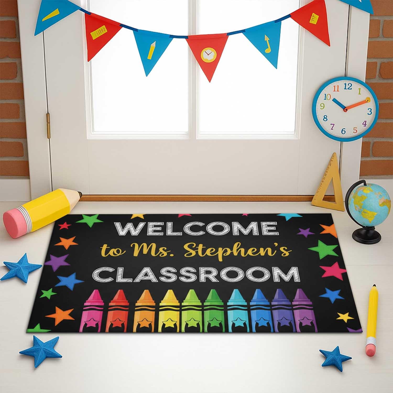 Welcome Classroom Doormat, Crayon Theme Teacher Rug, Personalized Back to School Mat, Rainbow Stars School Decor