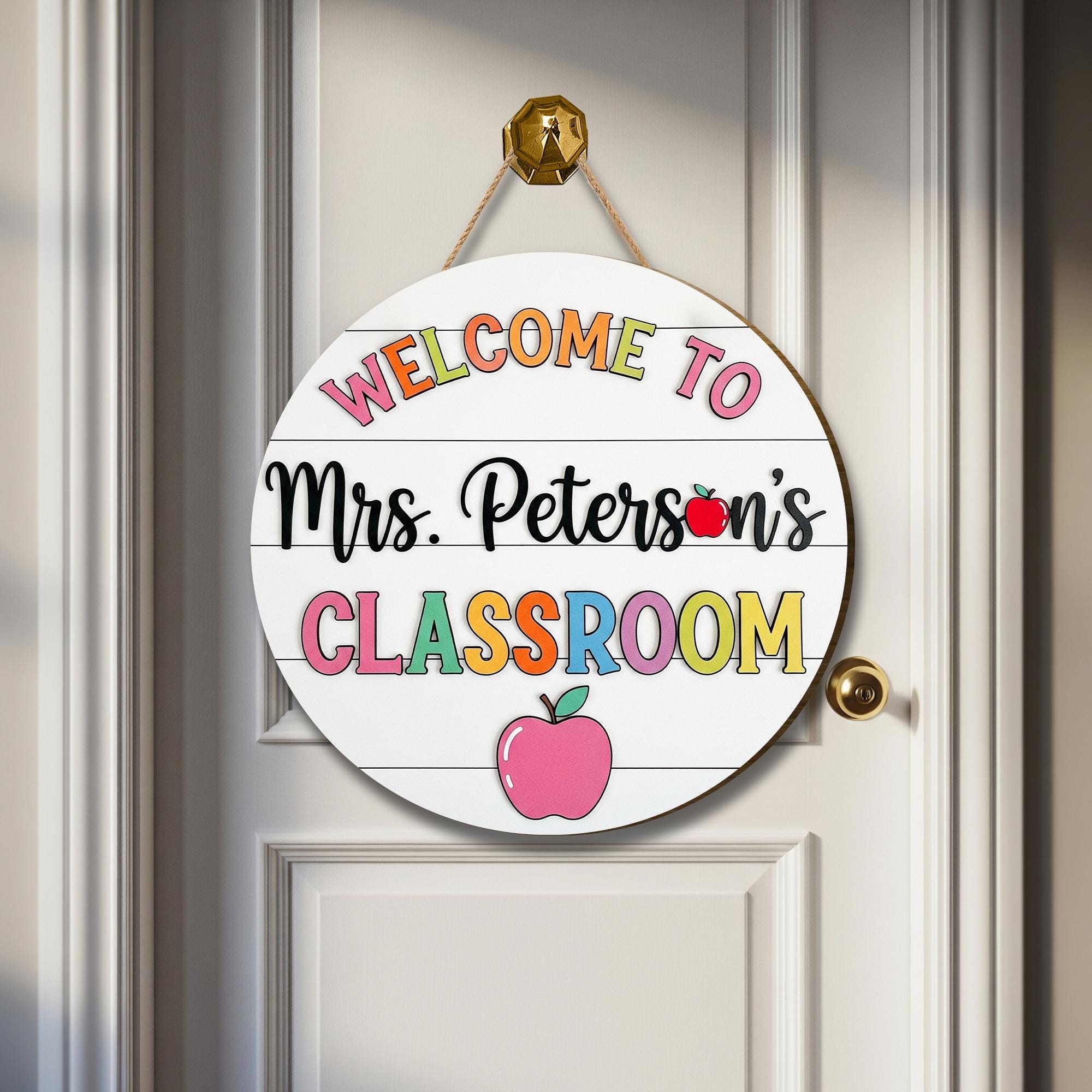 Welcome Classroom Sign, Teacher Door Decor, Custom Name Sign, Apple School Sign, Back to School Gift, Round Wooden Sign