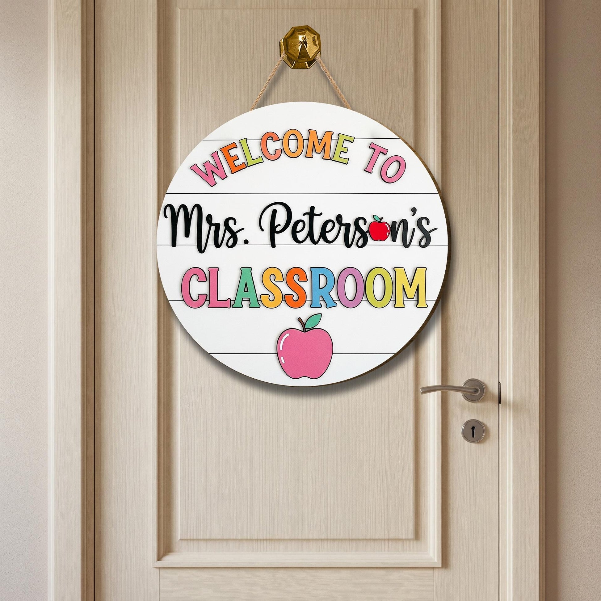 Welcome Classroom Sign, Teacher Door Decor, Custom Name Sign, Apple School Sign, Back to School Gift, Round Wooden Sign
