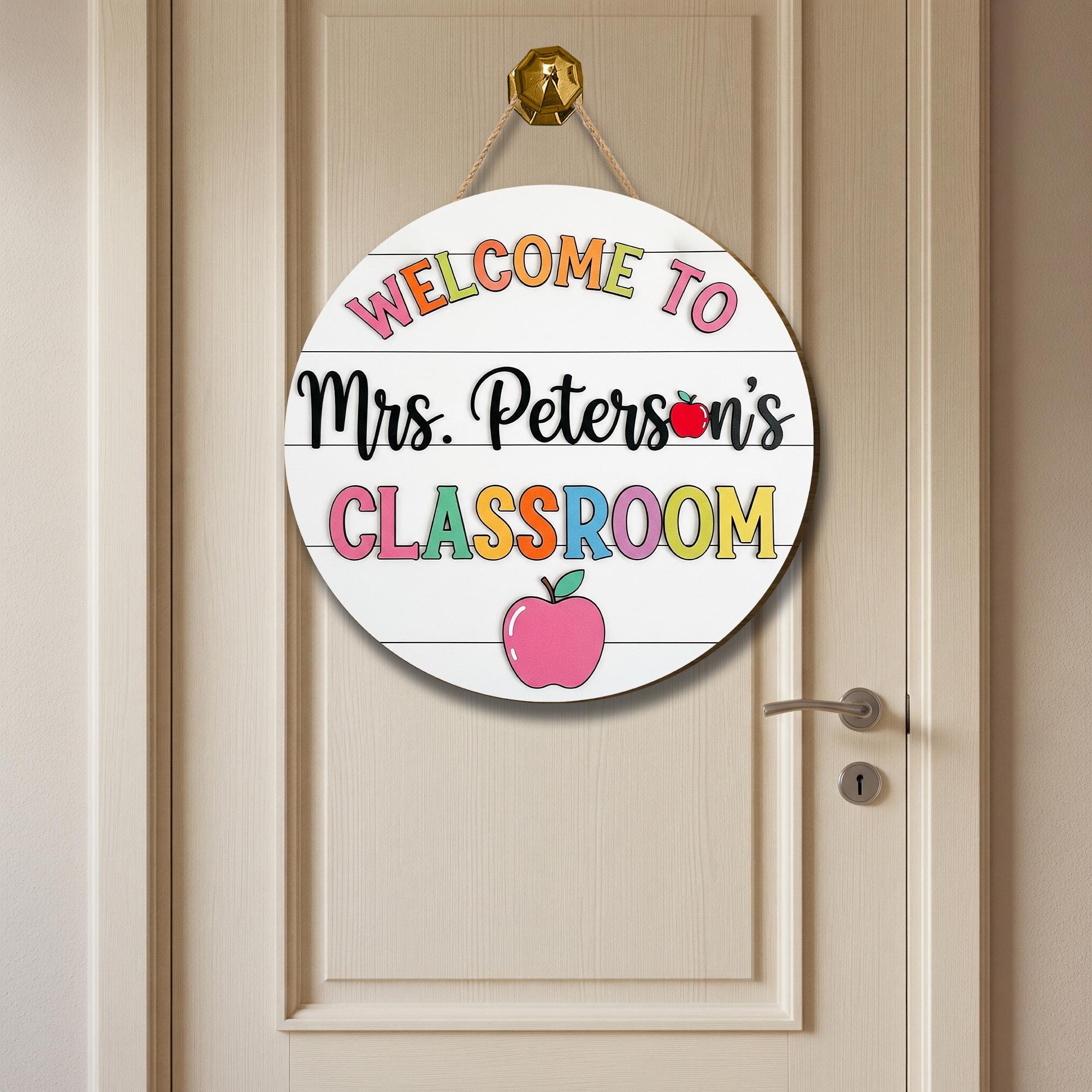 Welcome Classroom Sign, Teacher Door Decor, Custom Name Sign, Apple School Sign, Back to School Gift, Round Wooden Sign