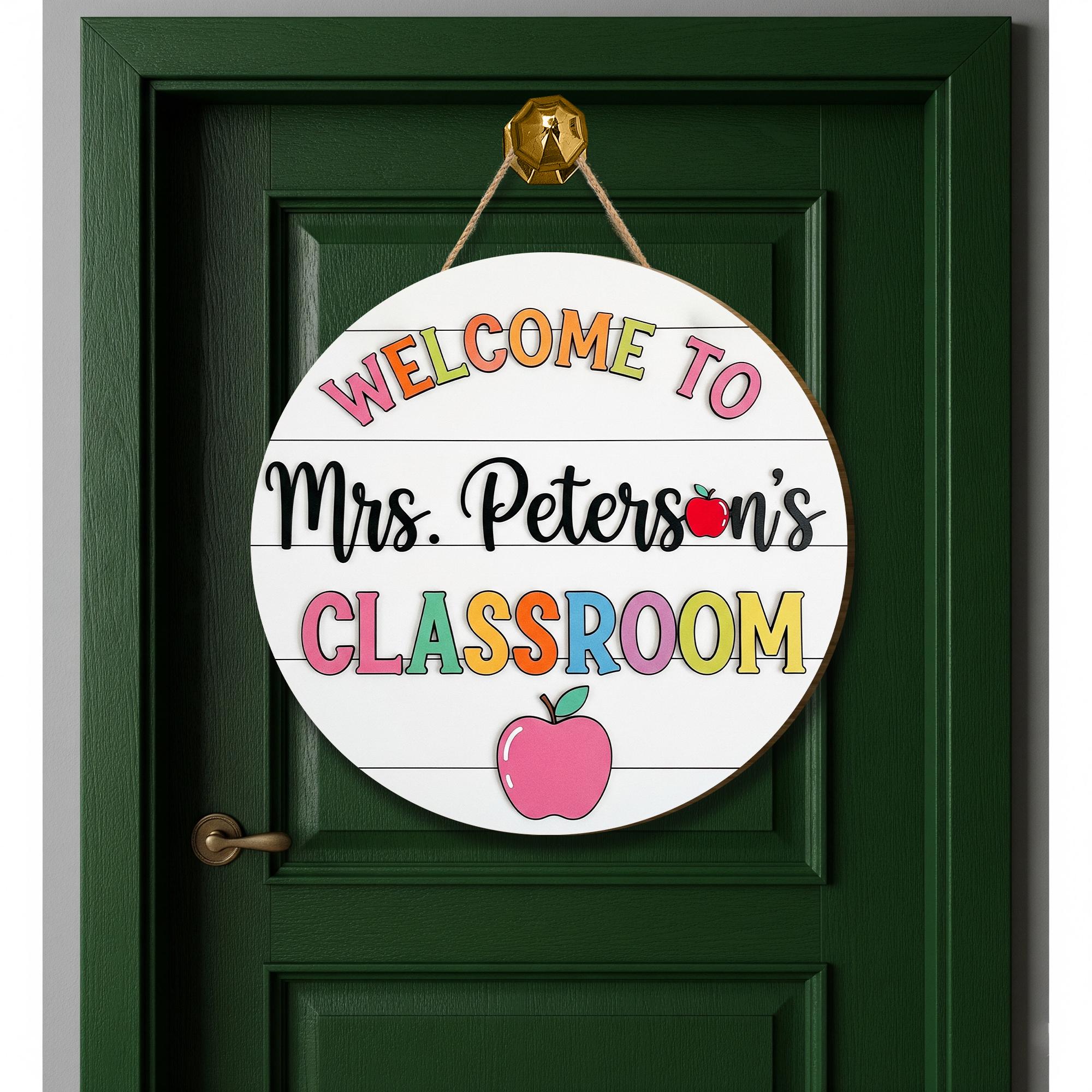Welcome Classroom Sign, Teacher Door Decor, Custom Name Sign, Apple School Sign, Back to School Gift, Round Wooden Sign