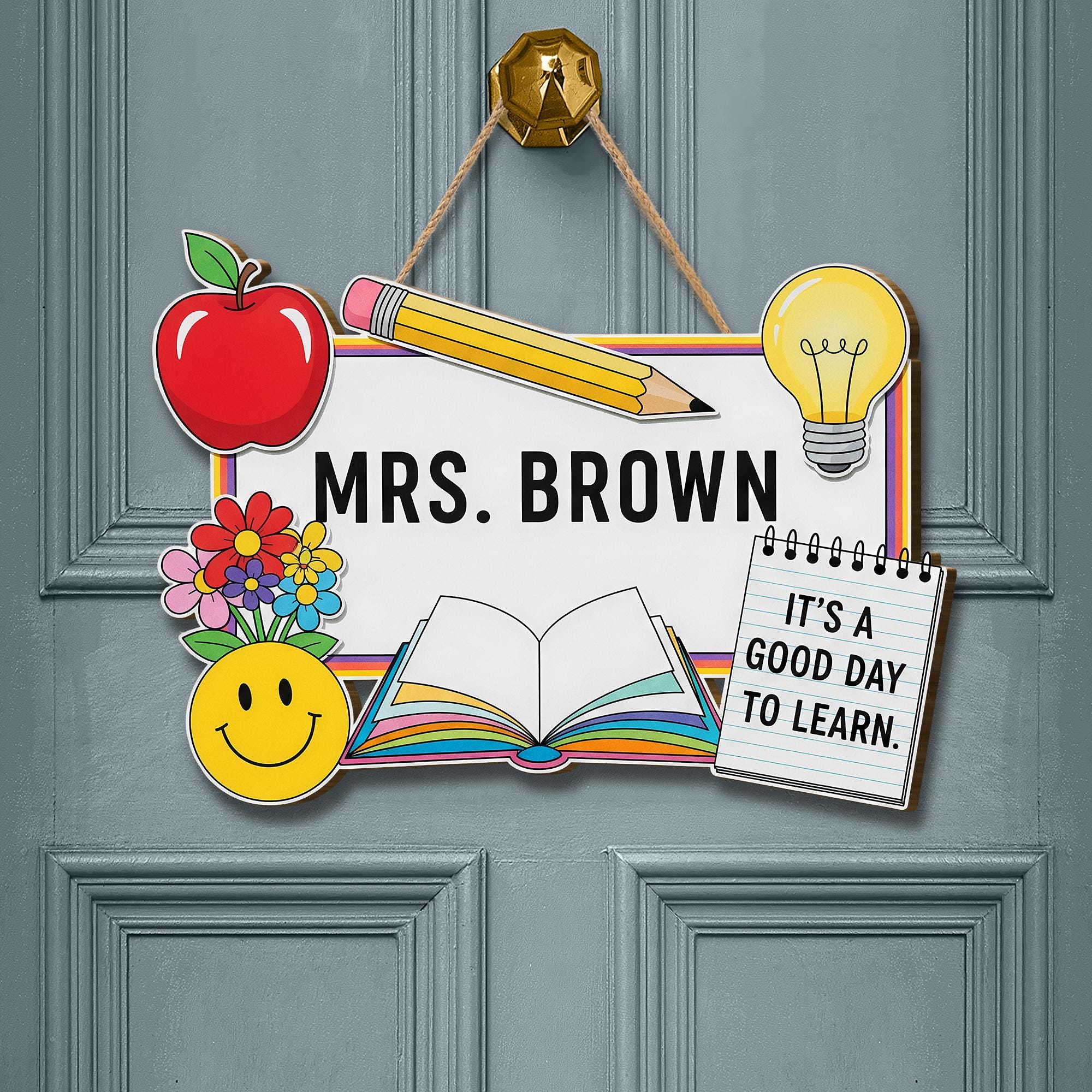 Teacher Door Sign, Custom Classroom Sign, School Decor for Teachers, Name Sign with Icons, Back to School Gift, Learning Decor