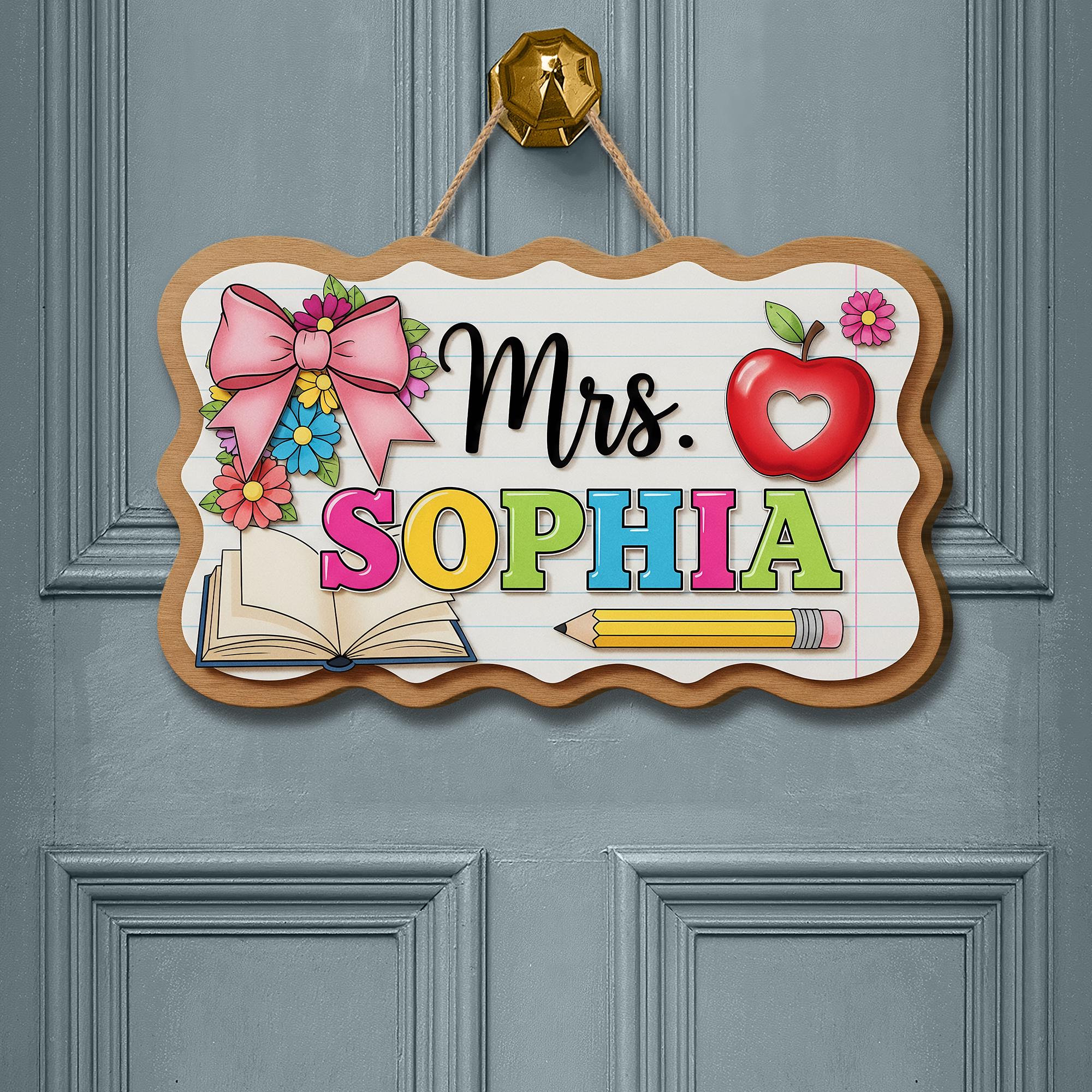 Teacher Door Sign, Custom Name Classroom Sign, Cute Wooden School Sign,Teacher Gift, Back to School Decor, Floral Apple Sign,Classroom Decor