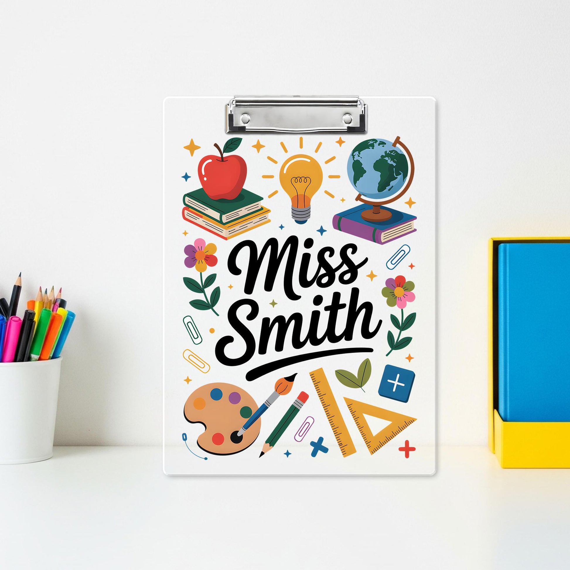 Personalized Teacher Clipboard with Name – Cute School Supplies Theme, Custom Back to School Gift for Classroom or Office Decor, Educators