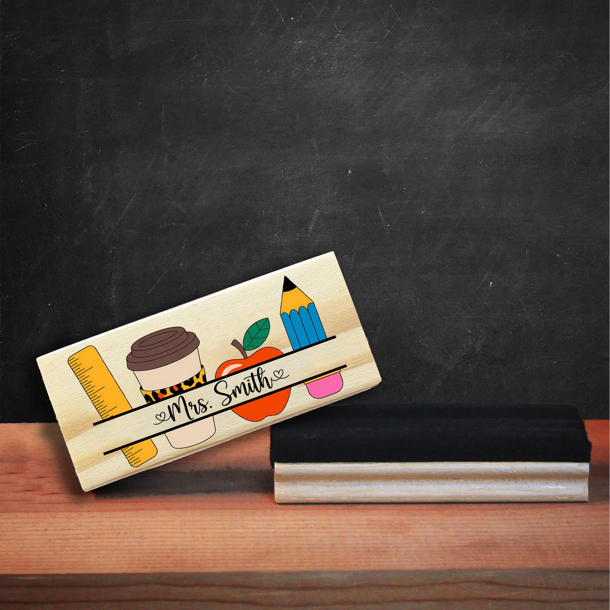 Personalized Teacher Chalkboard Eraser – Custom Name Classroom Gift with Coffee, Pencil, Ruler & Apple Design for Back to School, Educators