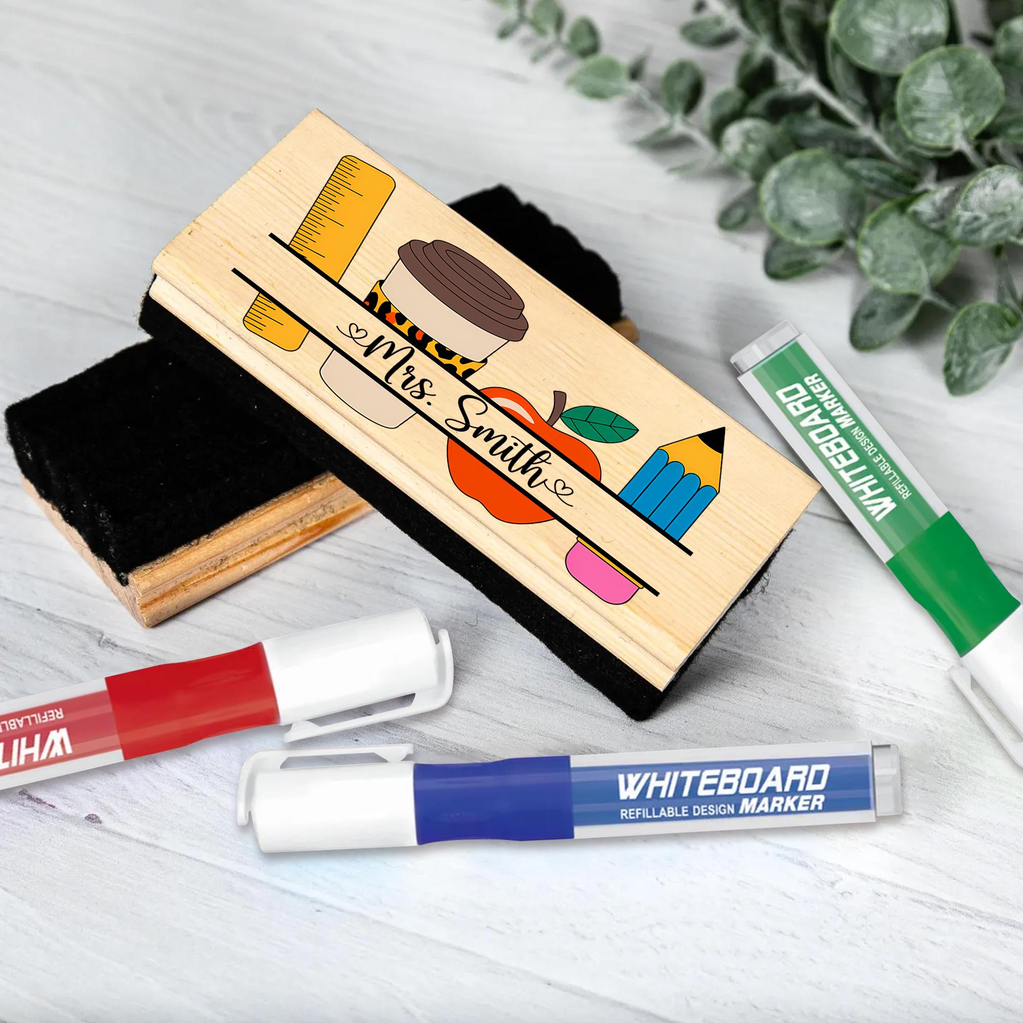 Personalized Teacher Chalkboard Eraser – Custom Name Classroom Gift with Coffee, Pencil, Ruler & Apple Design for Back to School, Educators