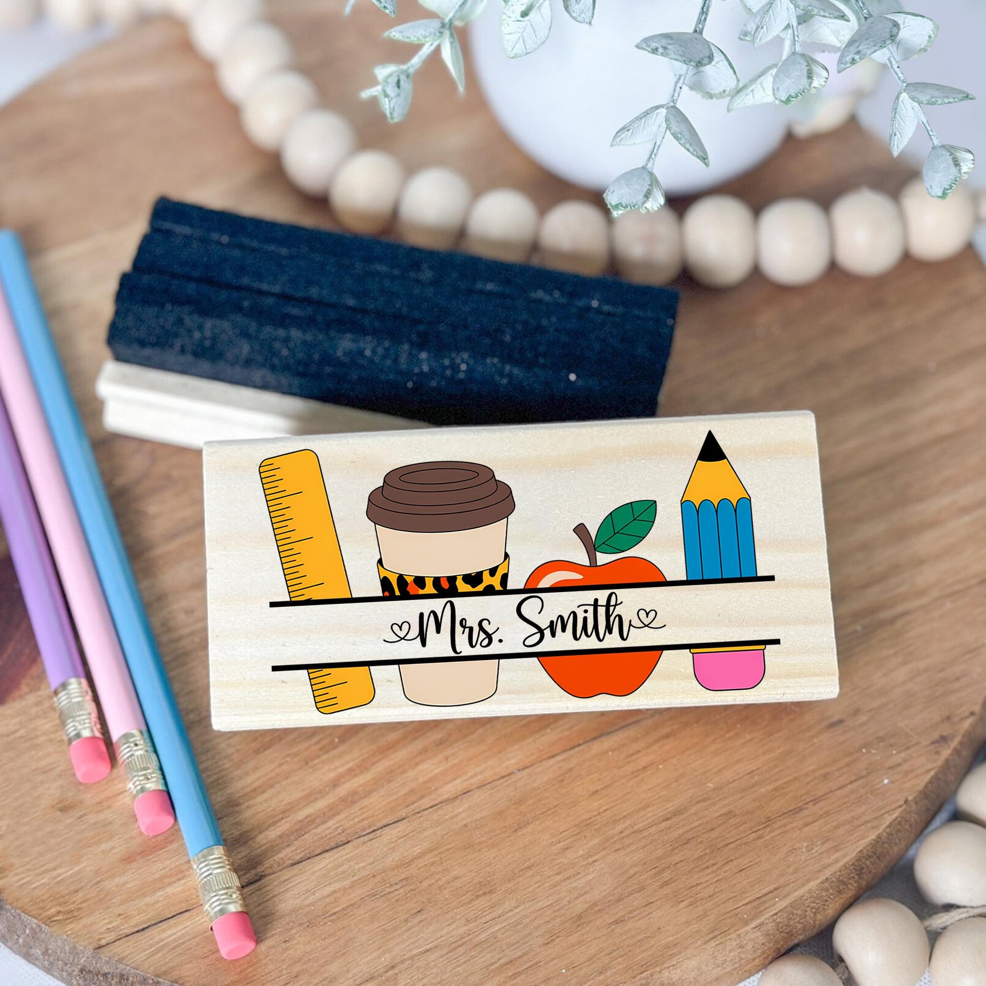 Personalized Teacher Chalkboard Eraser – Custom Name Classroom Gift with Coffee, Pencil, Ruler & Apple Design for Back to School, Educators
