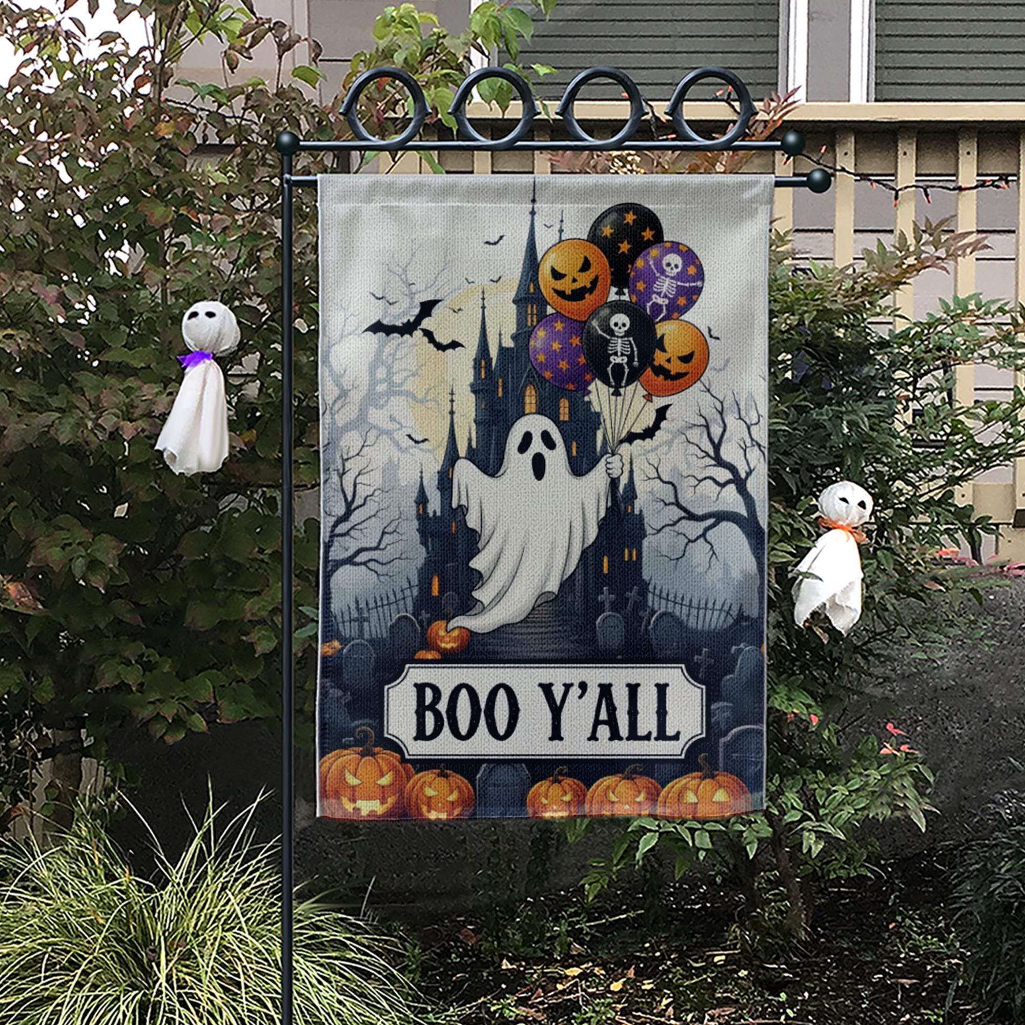 Boo Y'all Halloween Garden Flag - Spooky Ghost Castle Outdoor Decor - Pumpkin Yard Art - Fall Porch Banner - Trick or Treat Sign