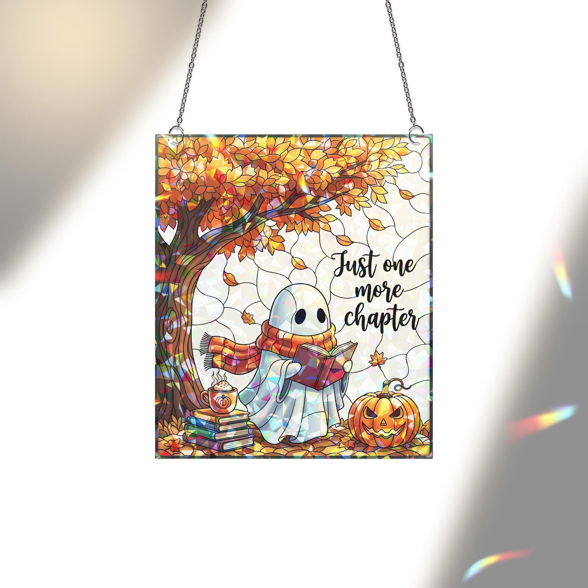 Ghost Reading Stained Glass Suncatcher – Fall Book Lover Window Decor – Halloween Ghost Ornament – Just One More Chapter Gift