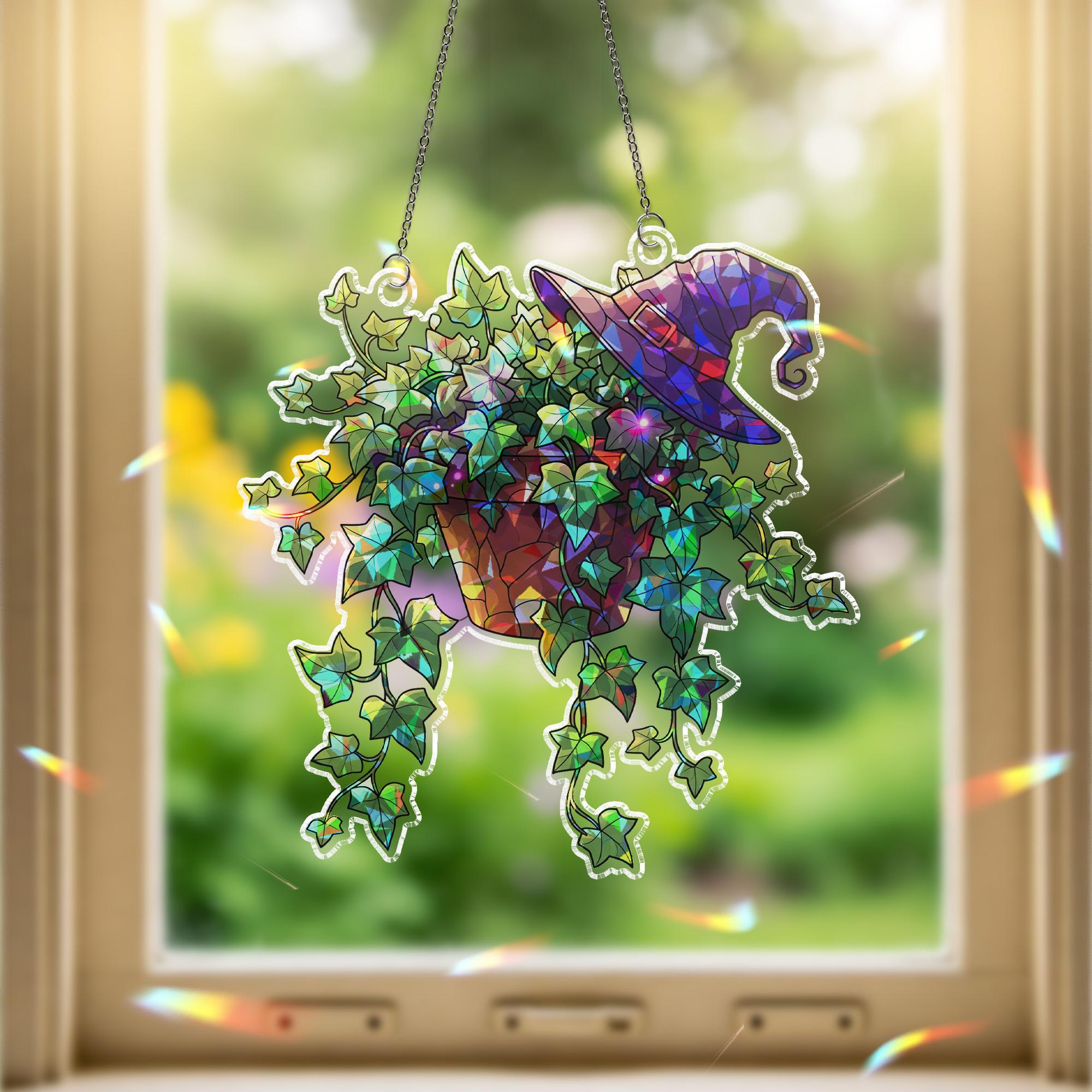 Witchy Ivy Plant Suncatcher – Stained Glass Witch Hat Window Decor – Halloween Plant Mom Gift – Boho Botanical Window Hanging