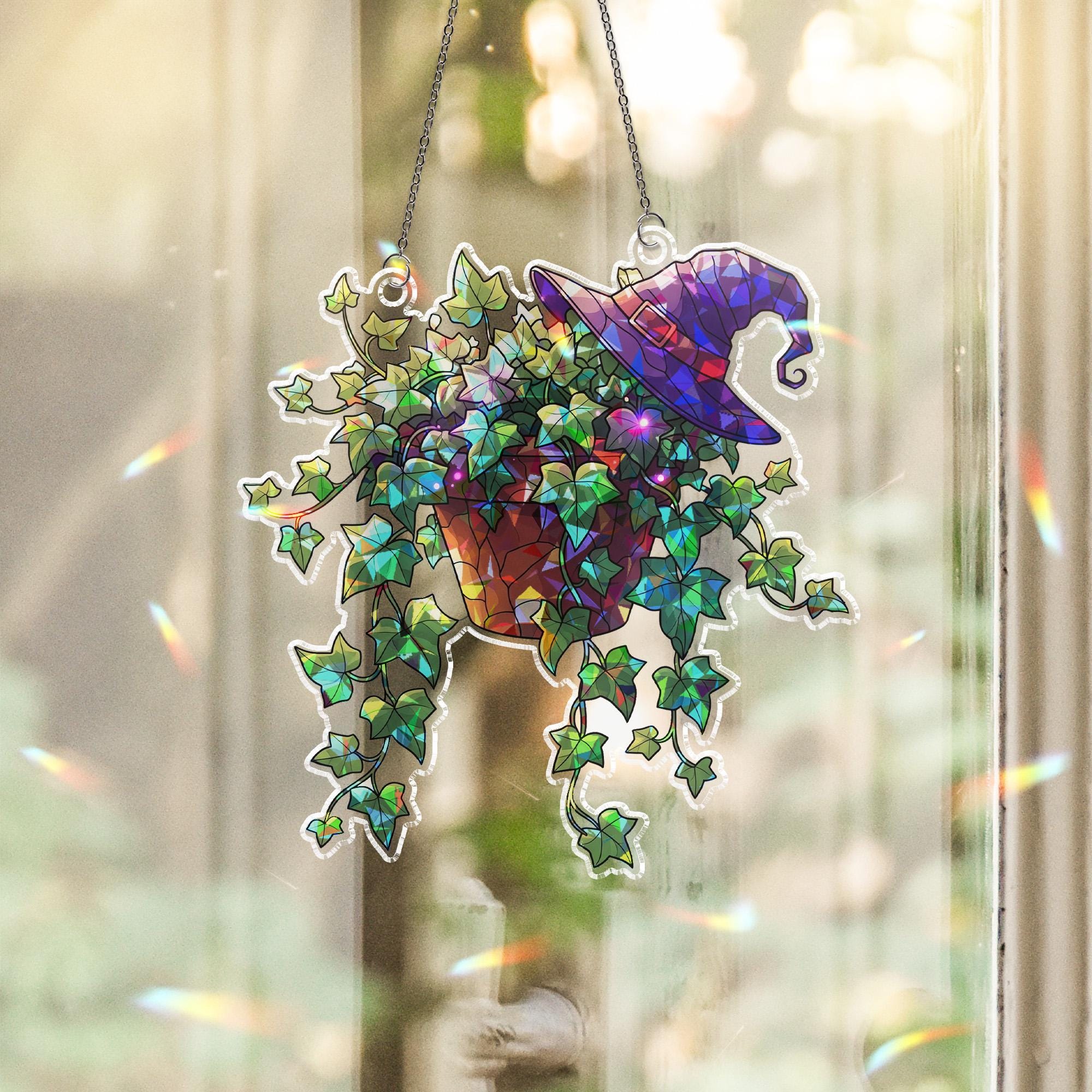 Witchy Ivy Plant Suncatcher – Stained Glass Witch Hat Window Decor – Halloween Plant Mom Gift – Boho Botanical Window Hanging