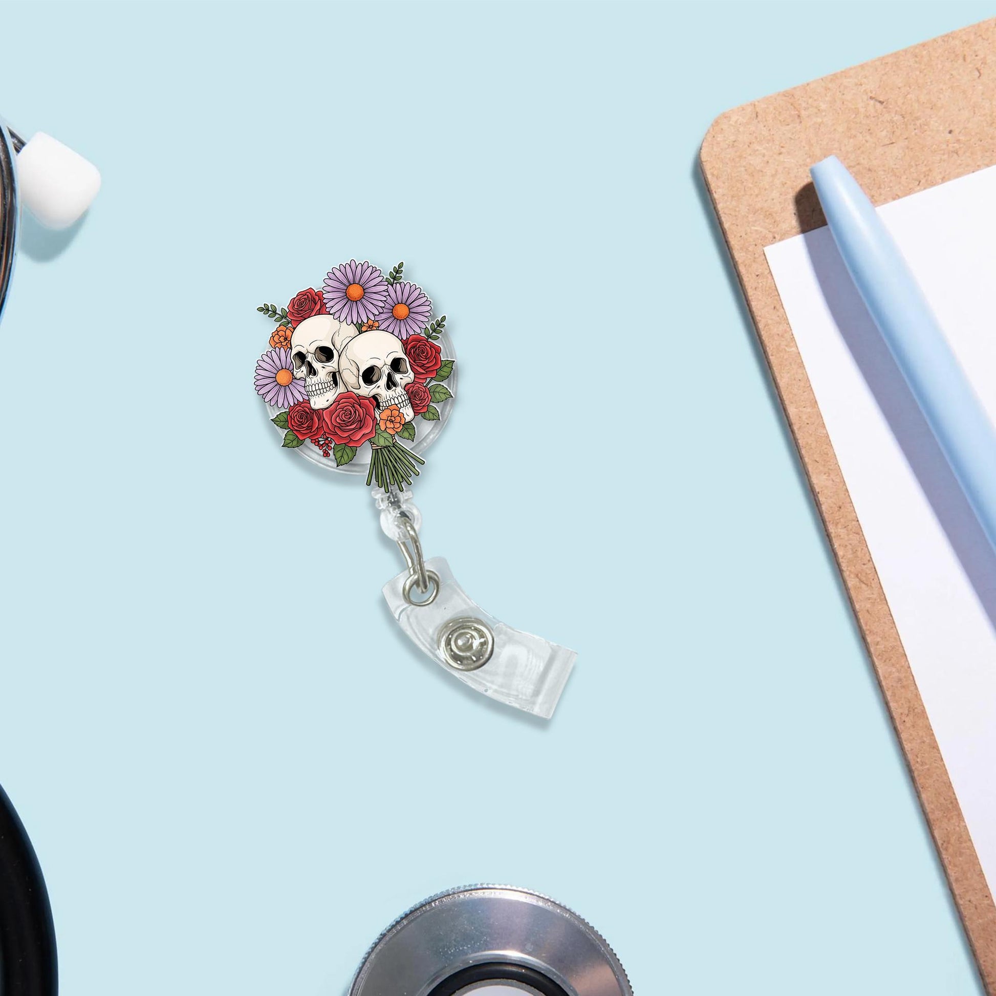 Floral Skull Badge Reel – Retractable ID Holder for Nurses & Professionals, Gothic Flower Badge Clip, Halloween Office Gift