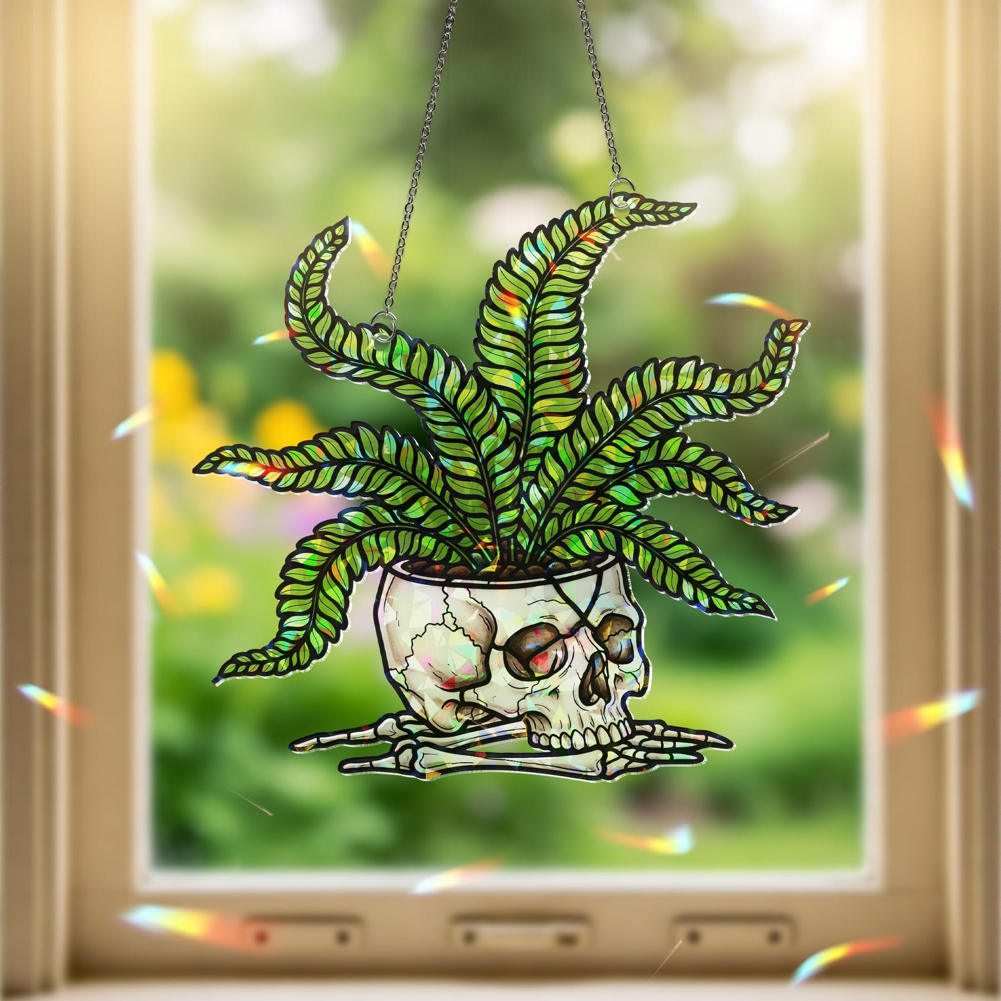 Skull Planter Suncatcher – Stained Glass Halloween Window Decor – Gothic Plant Lover Gift – Spooky Fern Window Hanging