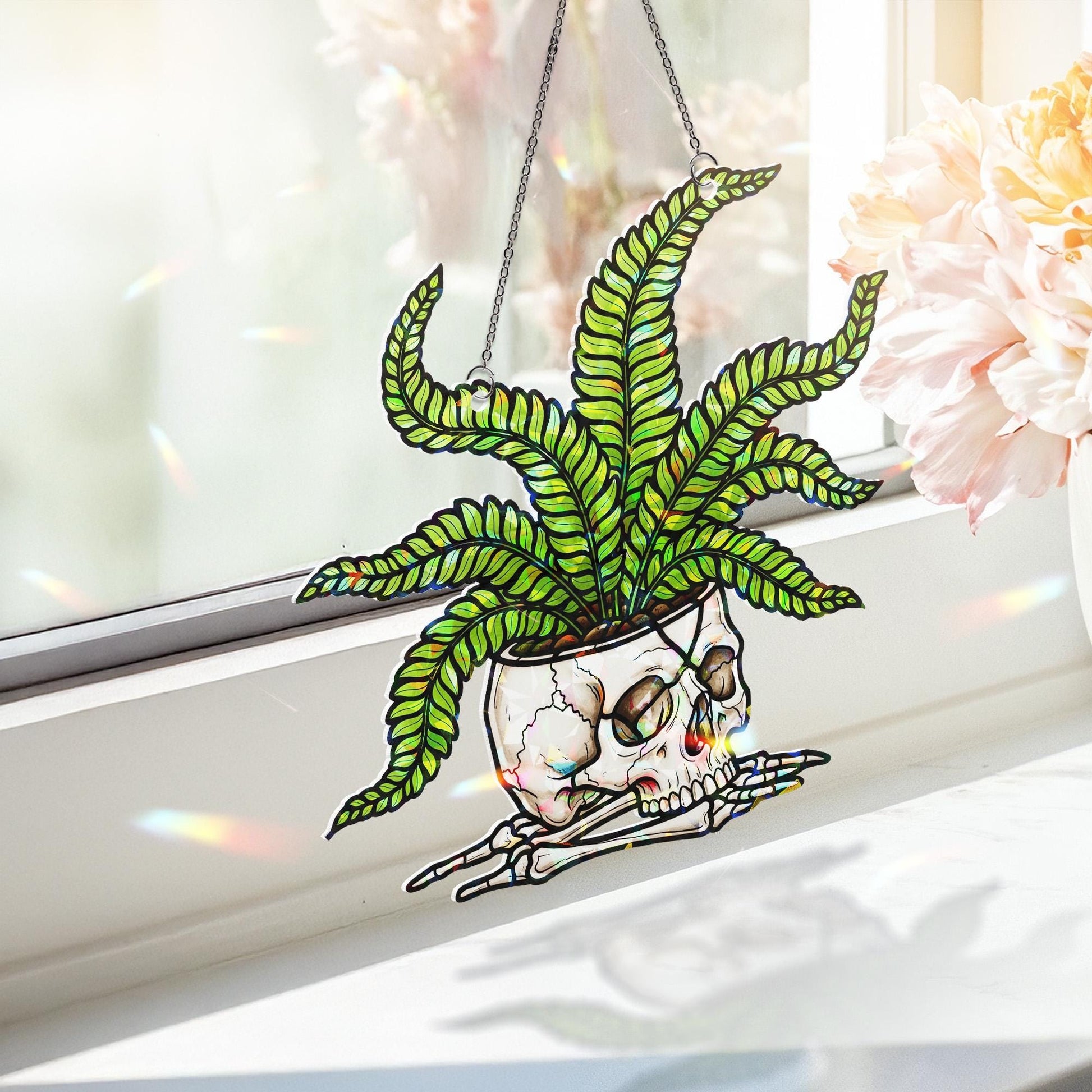 Skull Planter Suncatcher – Stained Glass Halloween Window Decor – Gothic Plant Lover Gift – Spooky Fern Window Hanging